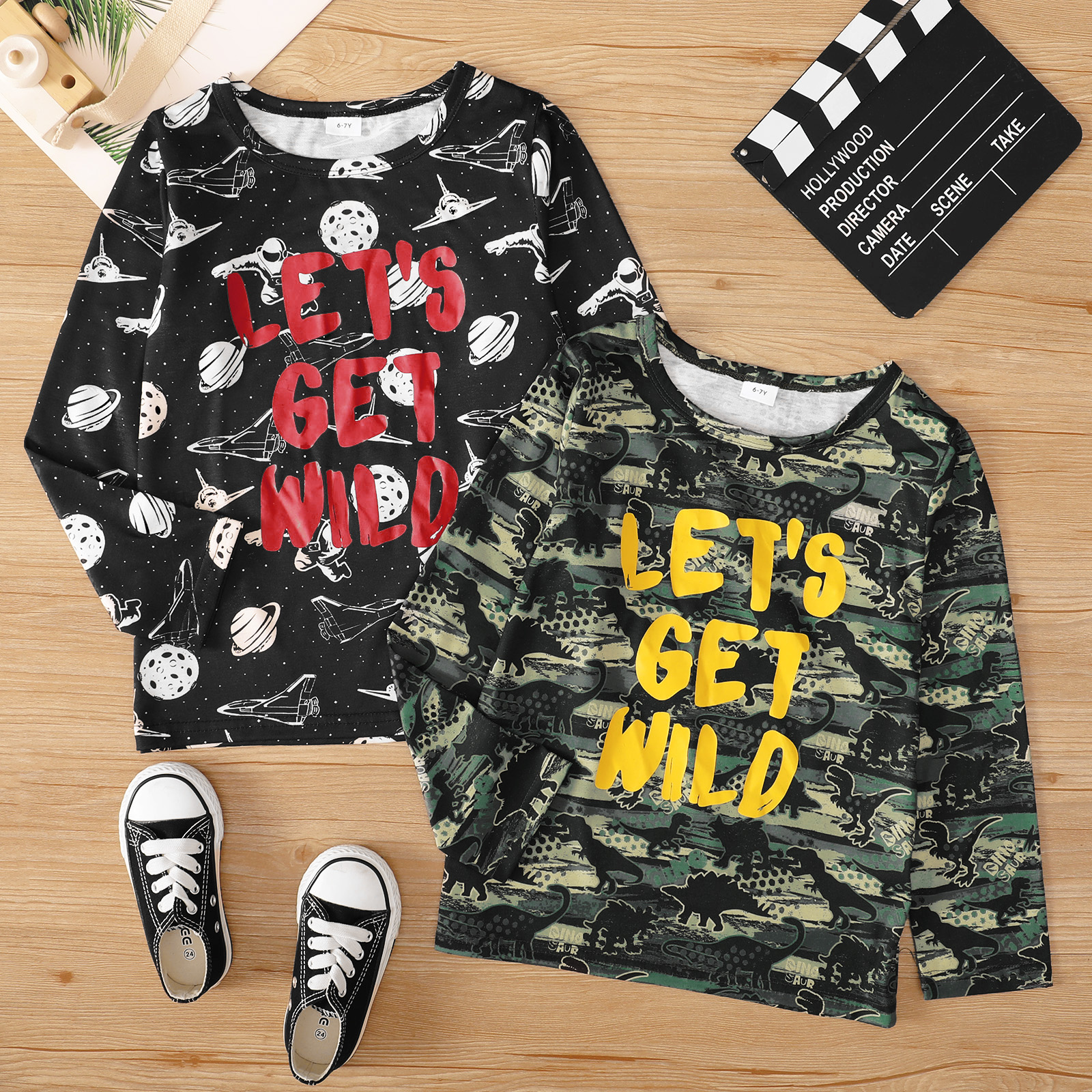 

Kid Boy Space/Dinosaur Letter Print Long-sleeve Tee