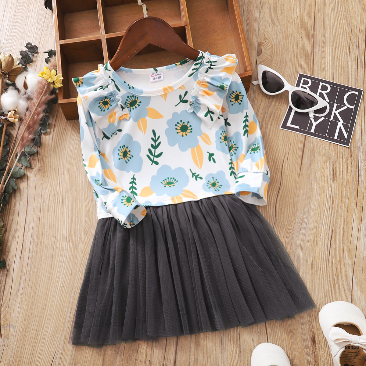 

Toddler Girl Ruffled Floral Print Mesh Splice Long-sleeve Dress