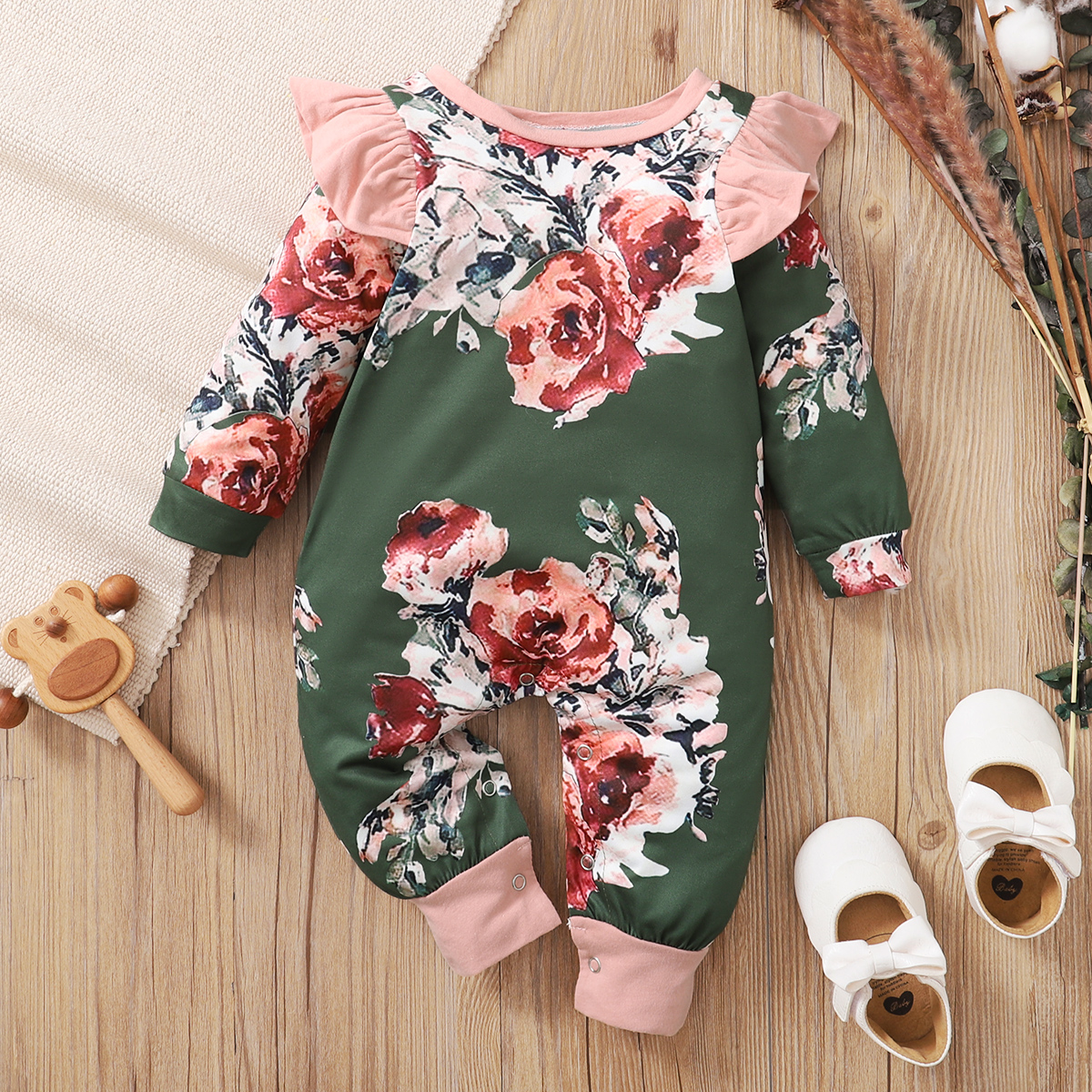 

All Over Floral Print Dark Green Long-sleeve Ruffle Baby Cotton Jumpsuit