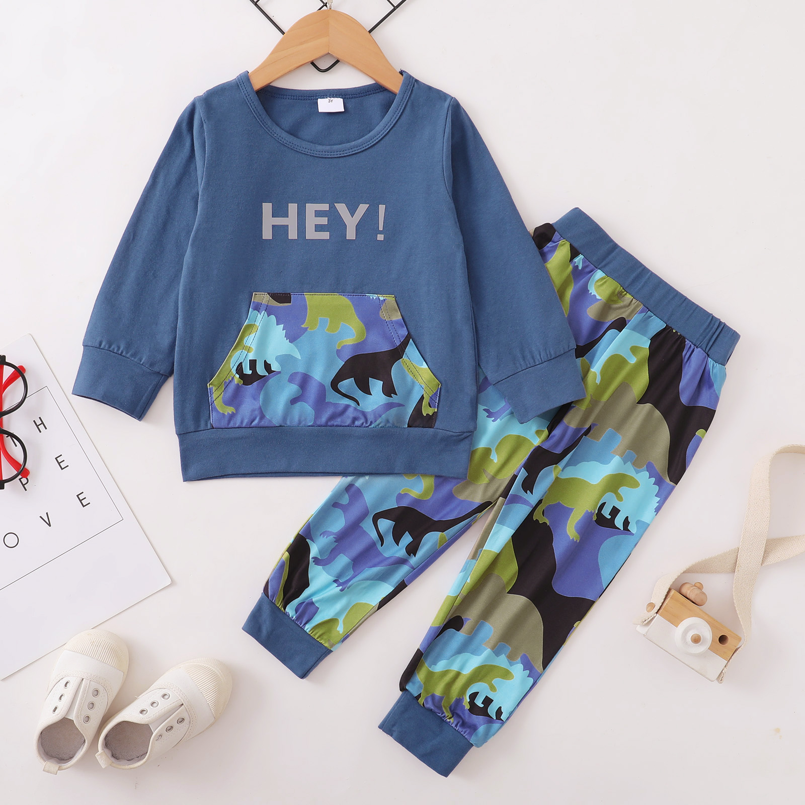 

2-piece Toddler Boy Letter Dinosaur Print Pullover and Pants Set