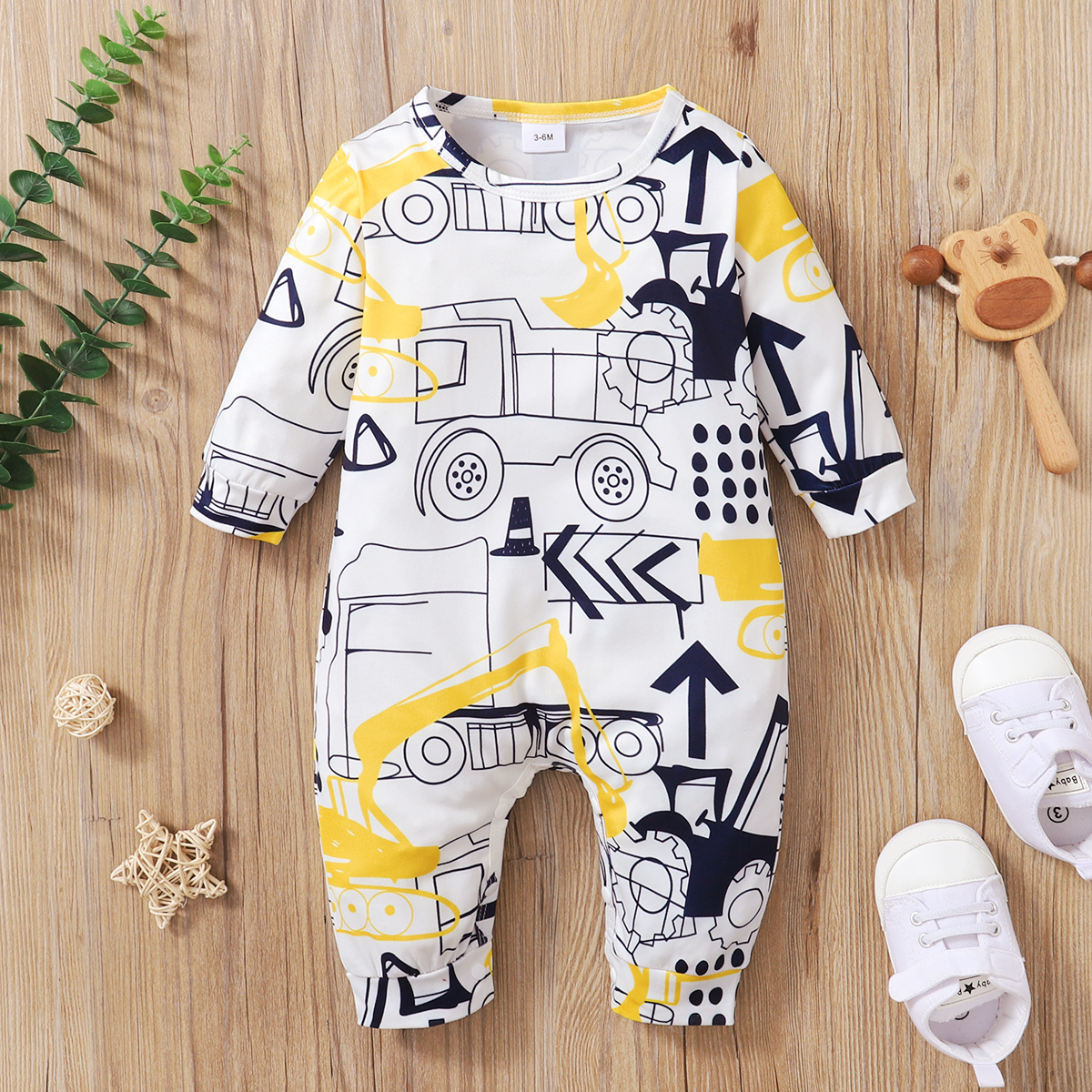

All Over Cartoon Vehicle Print White Baby Long-sleeve Jumpsuit