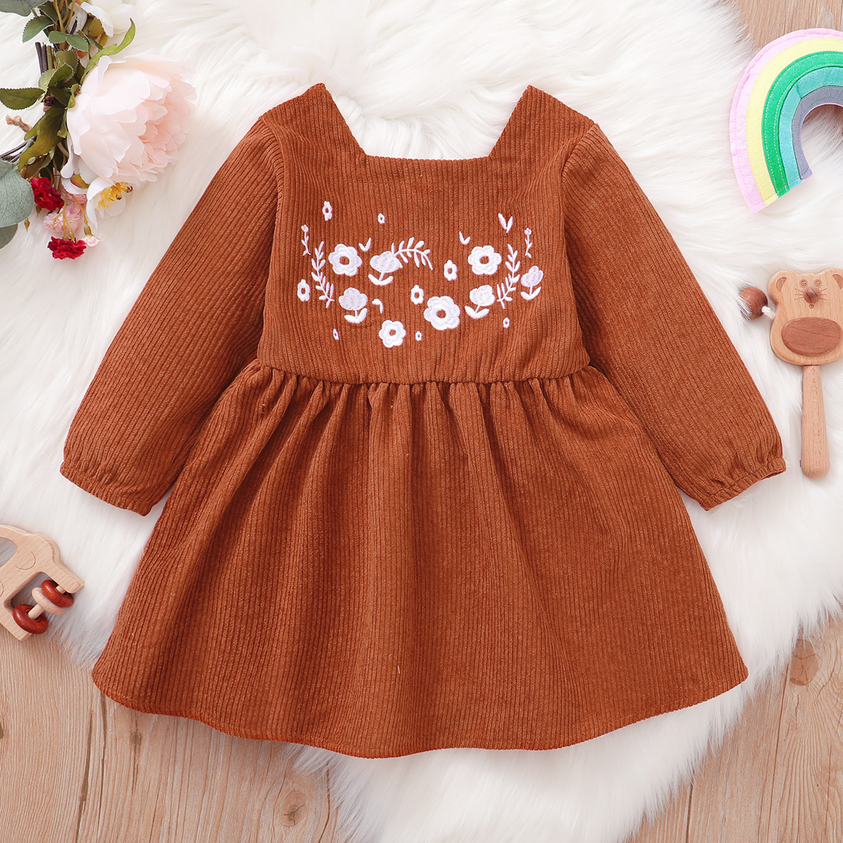 

Baby Girl Floral Embroidered Solid Corduroy Square Neck Long-sleeve Dress