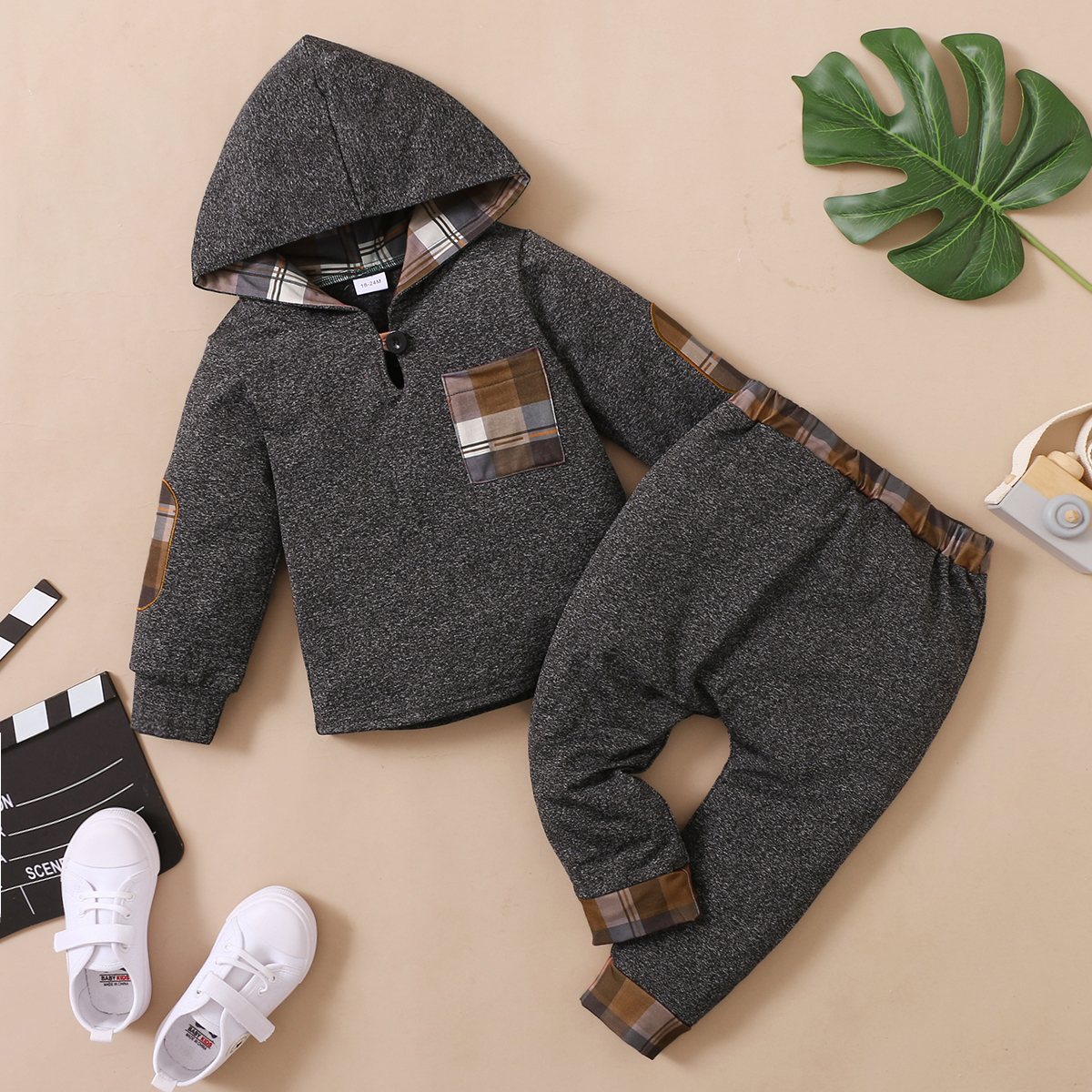 

2-piece Toddler Boy Plaid Hoodie Sweatshirt and Elasticized Pants Set