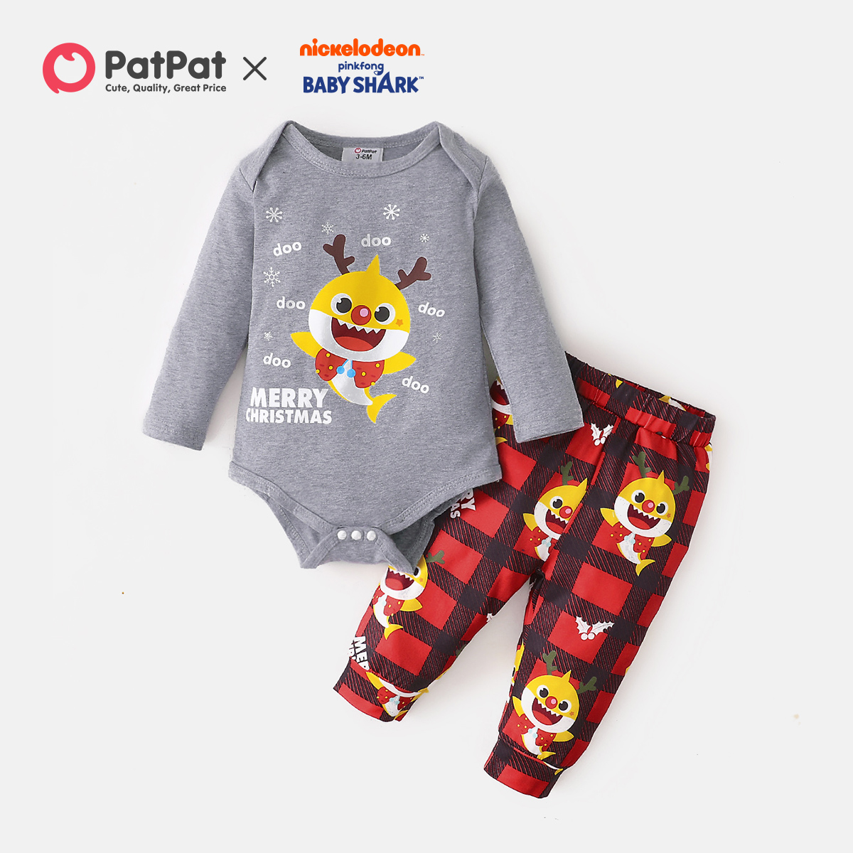 

Baby Shark 2-piece Baby Boy Christmas Cotton Bodysuit and Plaid Pants Set