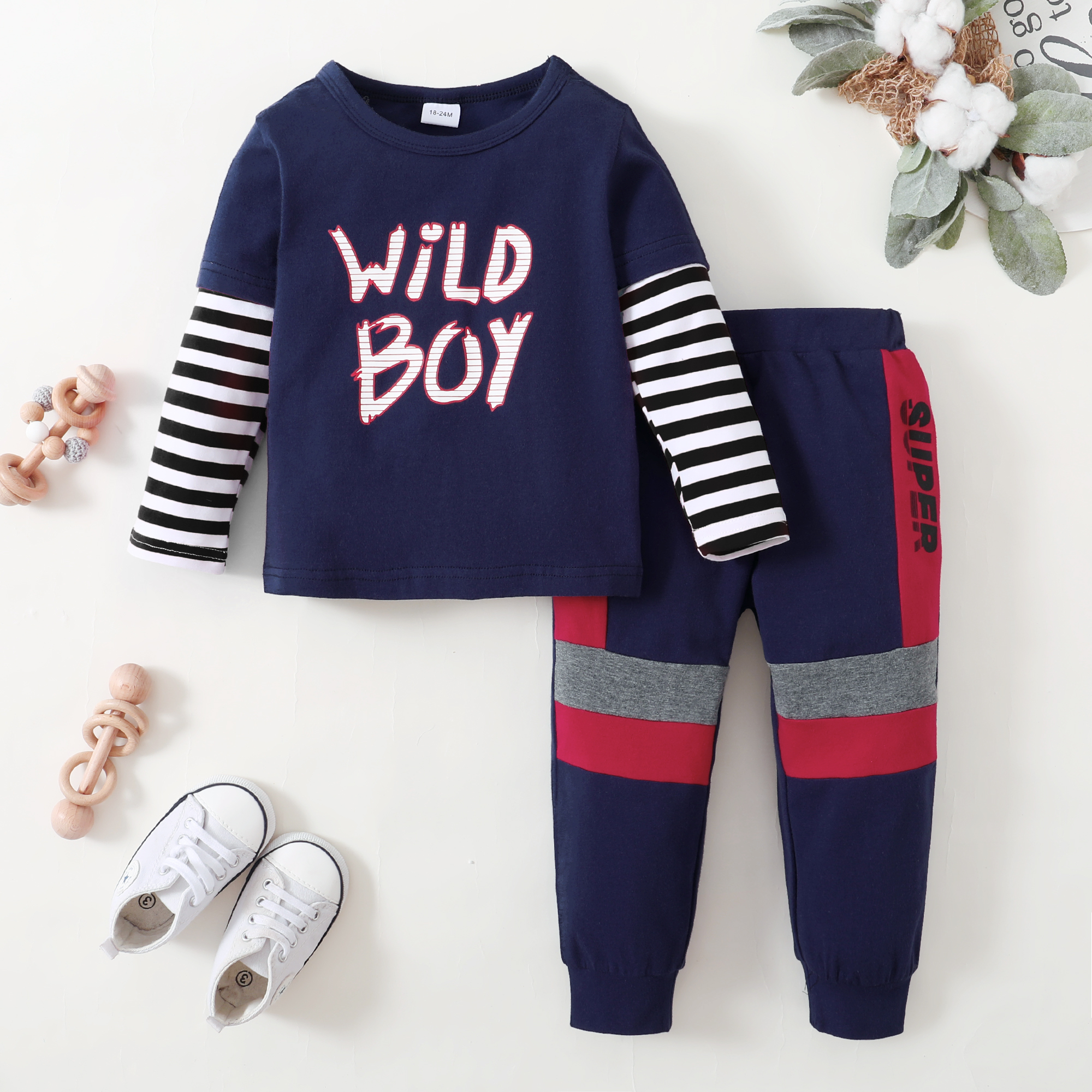 

2-piece Toddler Boy Letter Print Striped Pullover Sweatshirt and Colorblock Pants Set