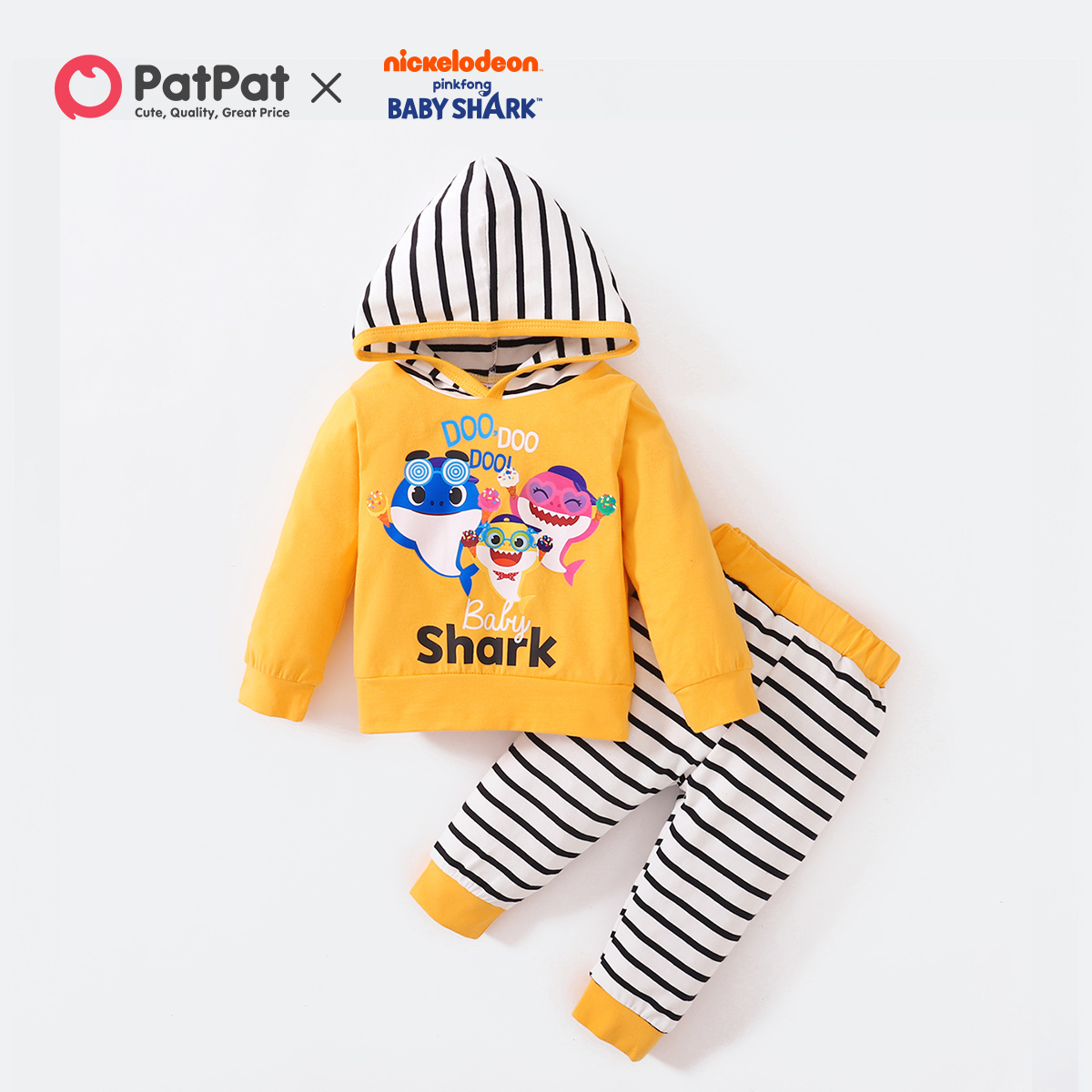 

Baby Shark 2-piece Baby Boy Cotton Hooded and Stripe Pants Set
