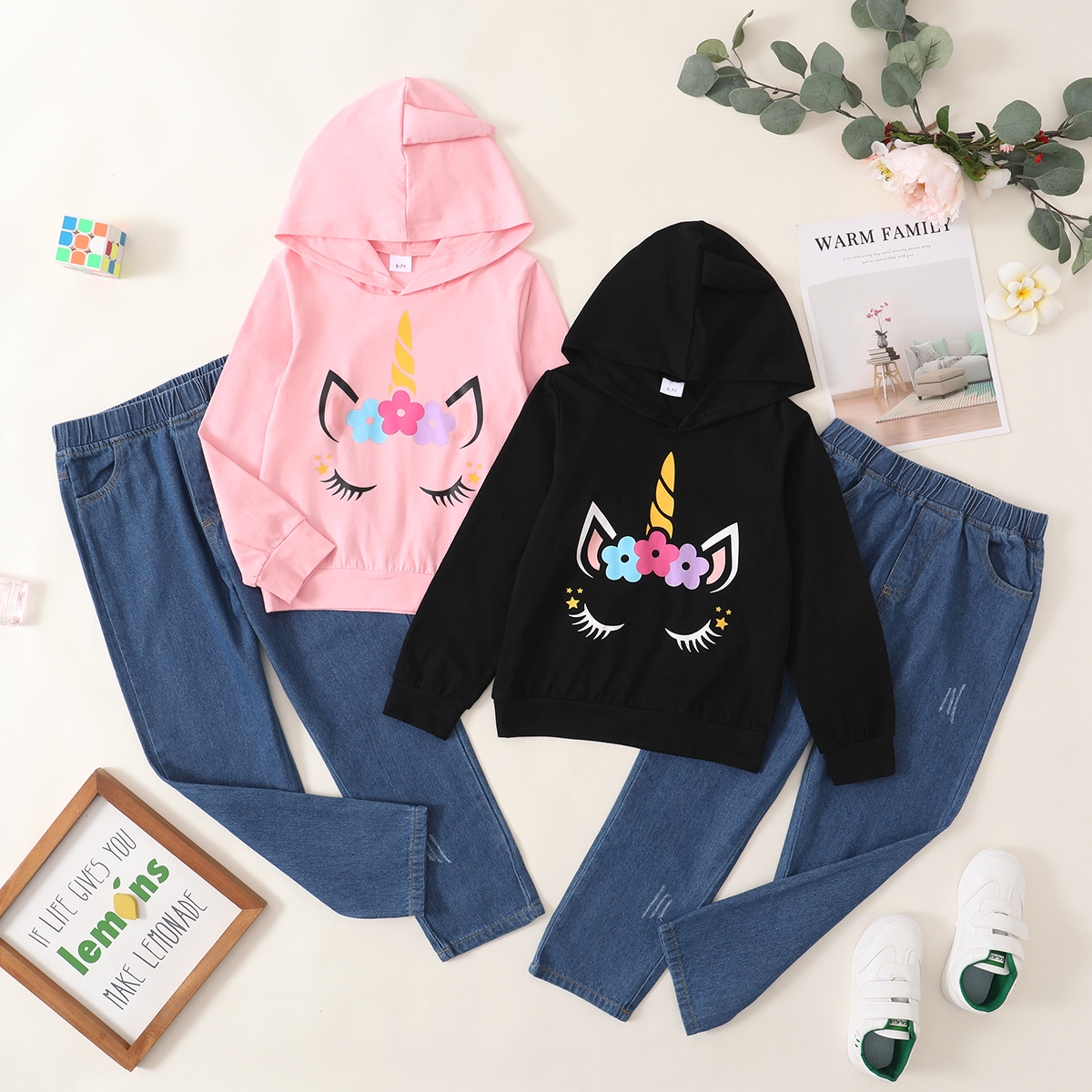 

2-piece Kid Girl Animal Unicorn Print Hoodie Sweatshirt and Denim Jeans Set