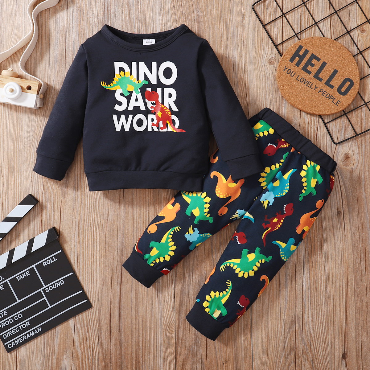 

2pcs Dinosaur and Letter Print Long-sleeve Blue Baby Set