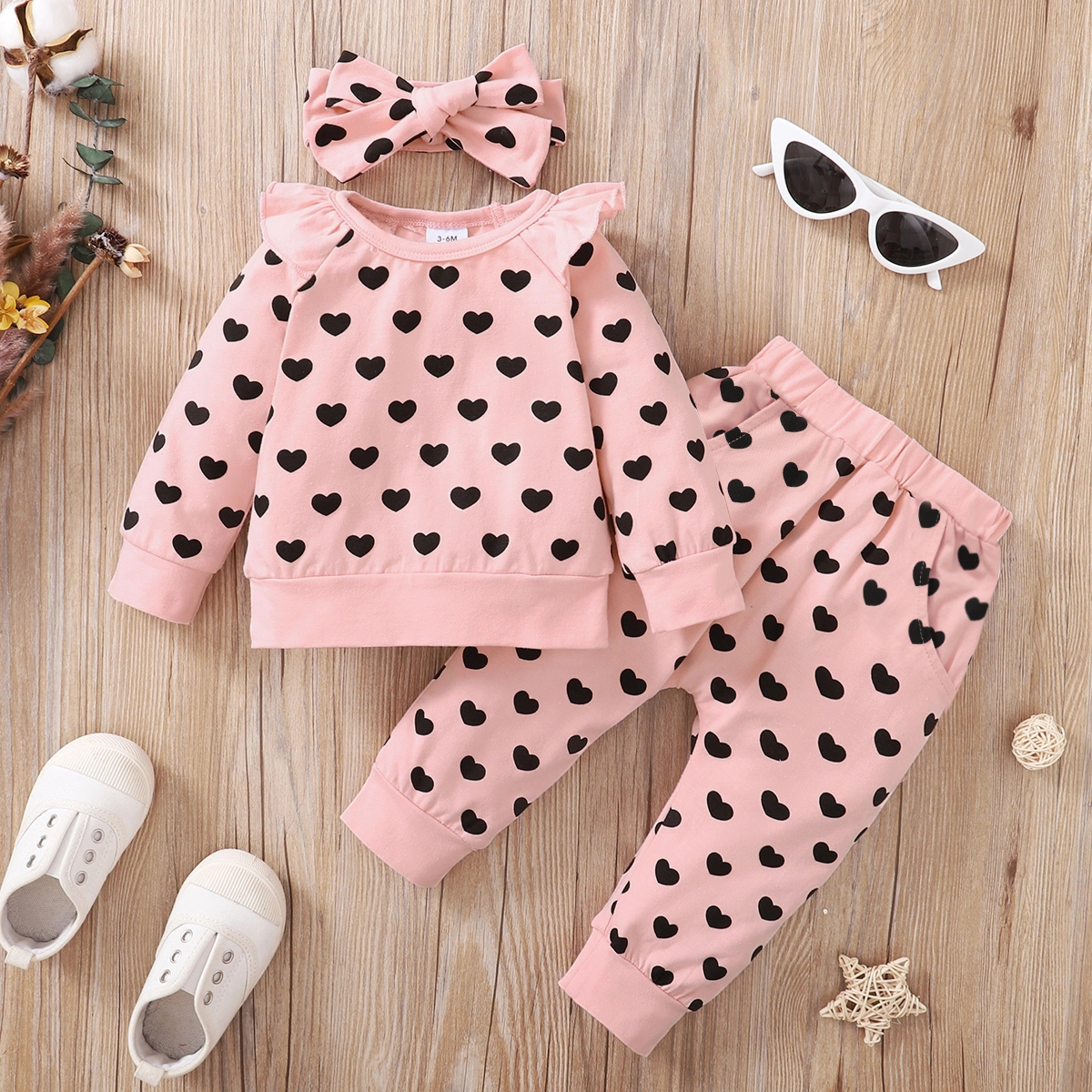 

3-piece Baby Girl Heart Print Ruffled Sweatshirt, Pants and Headband Set