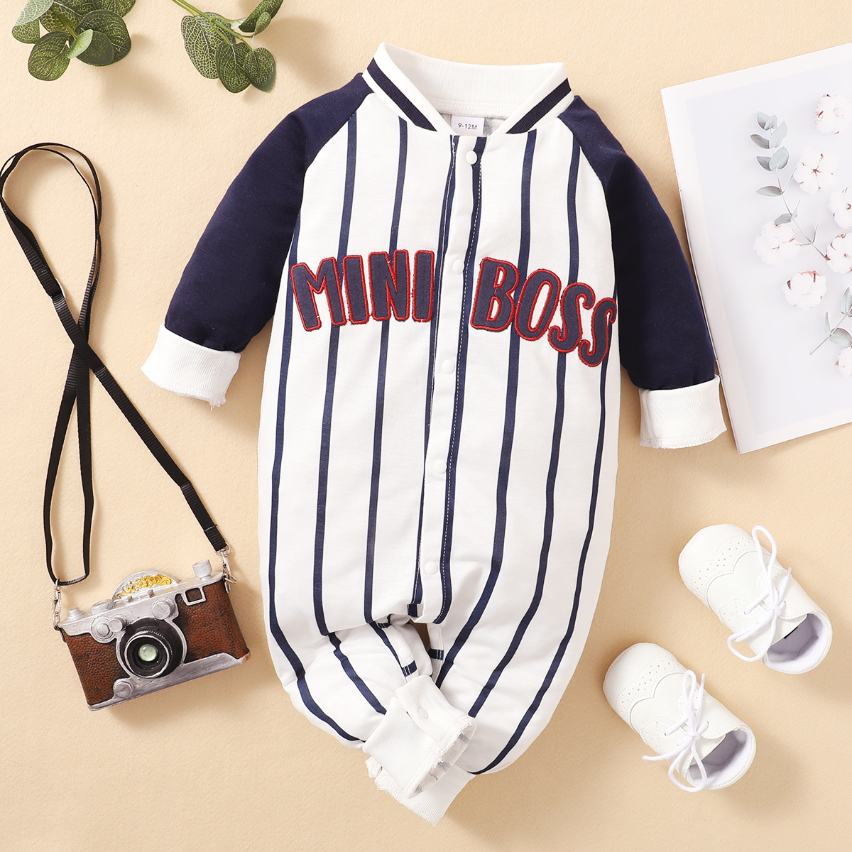 

Baby Boy Letter Embroidered Striped Long Raglan Sleeve Jumpsuit