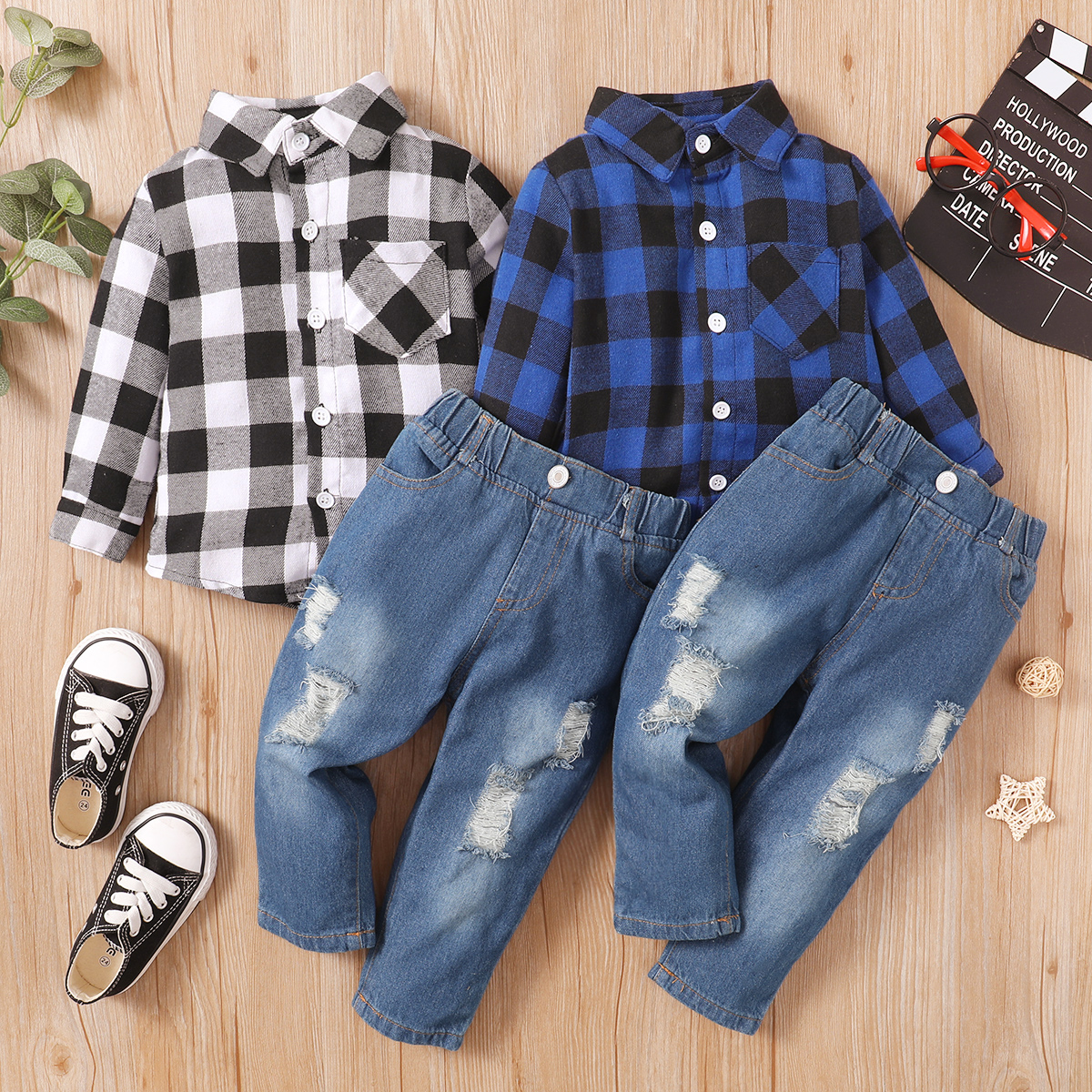 

2-piece Toddler Boy Lapel Collar Button Design Plaid Shirt and Ripped Denim Jeans Set