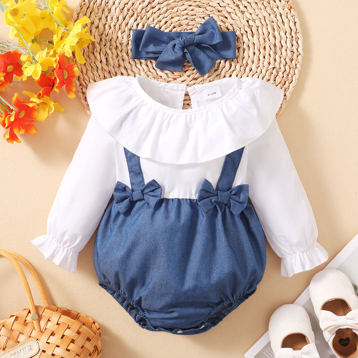 

100% Cotton 2pcs Baby Girl Ruffle Collar Long-sleeve Splicing Bowknot Romper Set