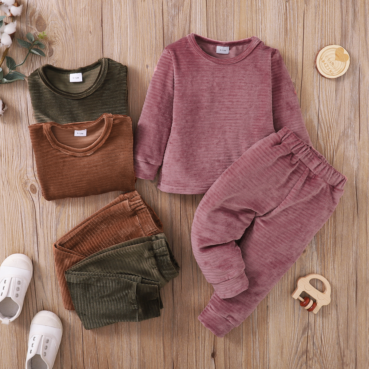 

2pcs Baby Boy/Girl Solid Ribbed Fleece Long-sleeve Pullover and Trousers Set