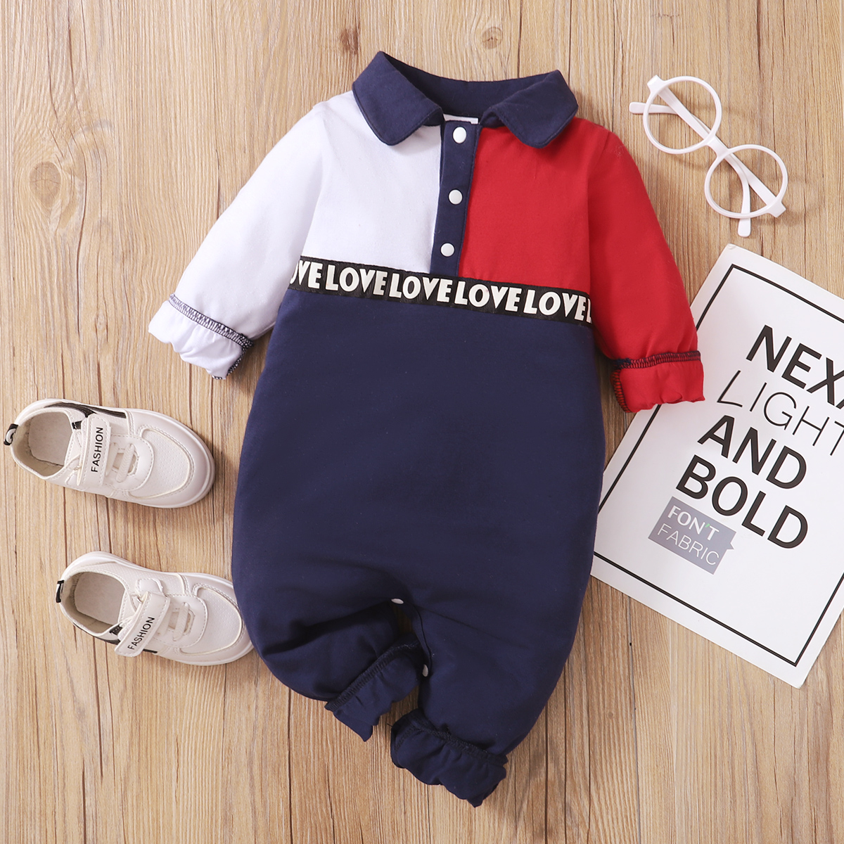 

Baby Boy Letter Print Color Block Lapel Long-sleeve Jumpsuit