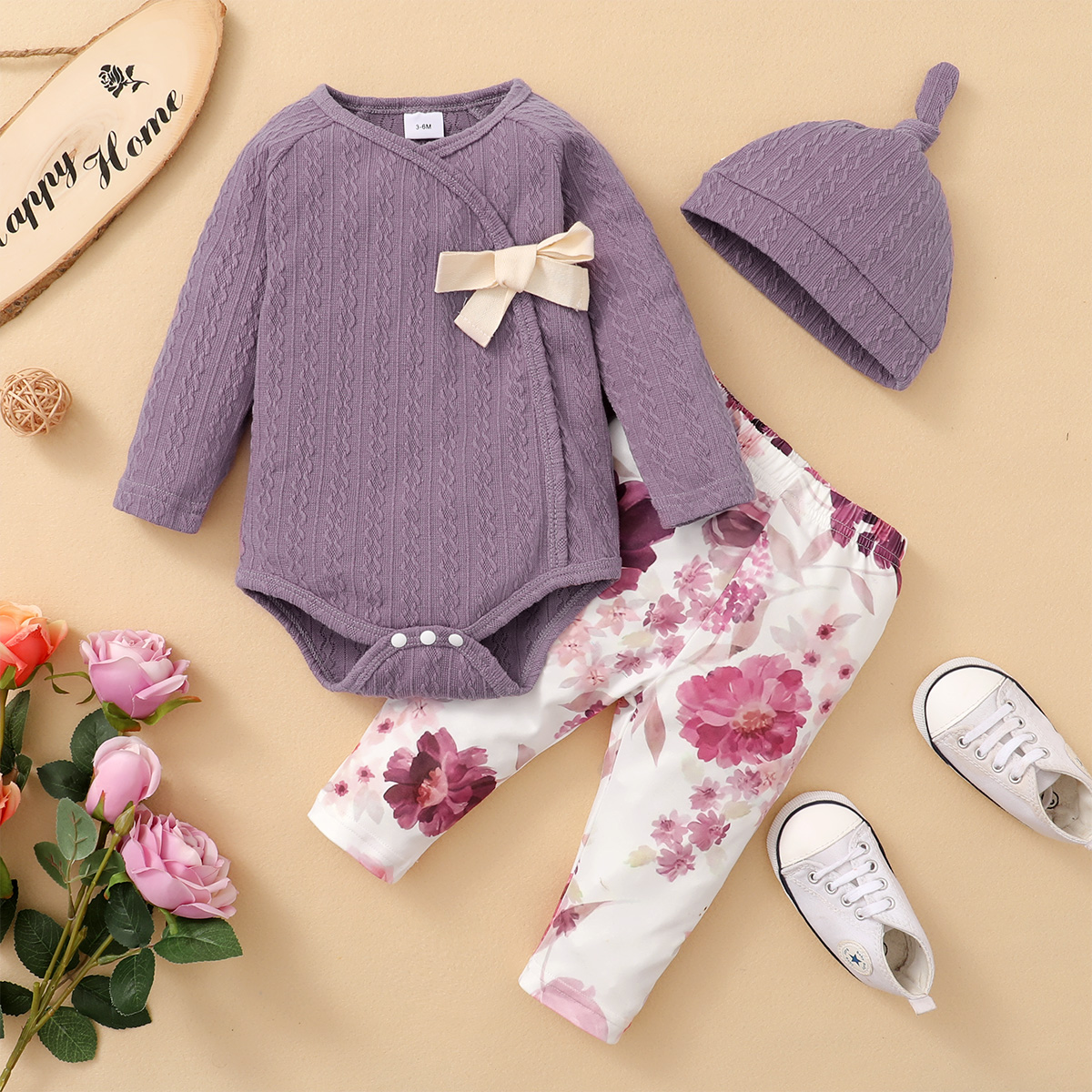 

3pcs Baby Girl Purple Cable Knit Textured Long-sleeve Bowknot Romper and Floral Print Trousers Set