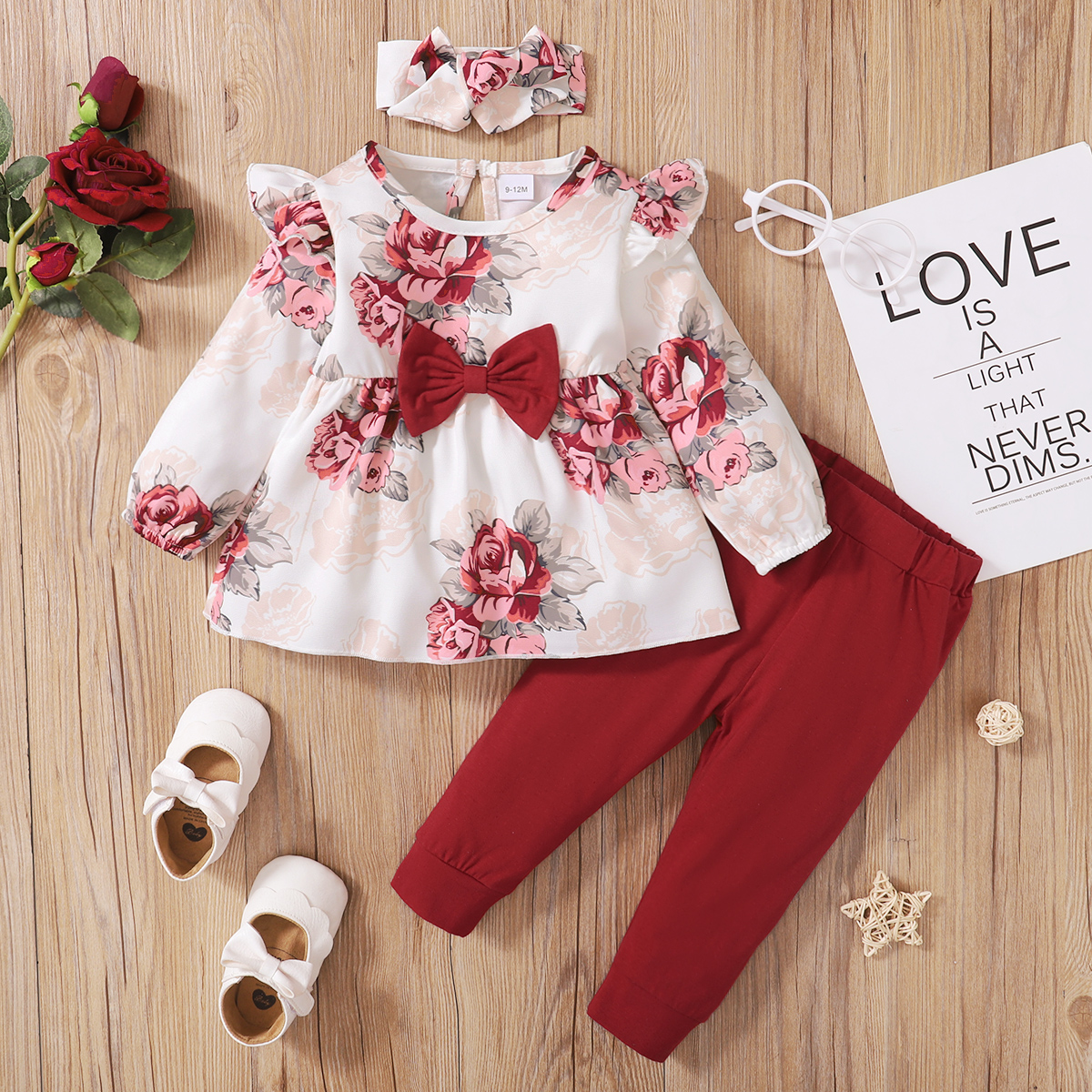 

3pcs Baby Girl Red Floral Print Long-sleeve Bowknot Top and Solid Trousers Set