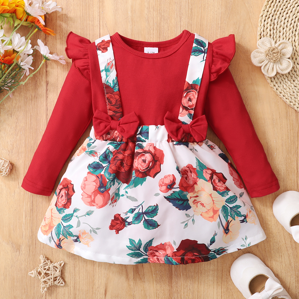

Baby Girl Red Floral Print Faux-two Long-sleeve Ruffle Bowknot Romper Dress