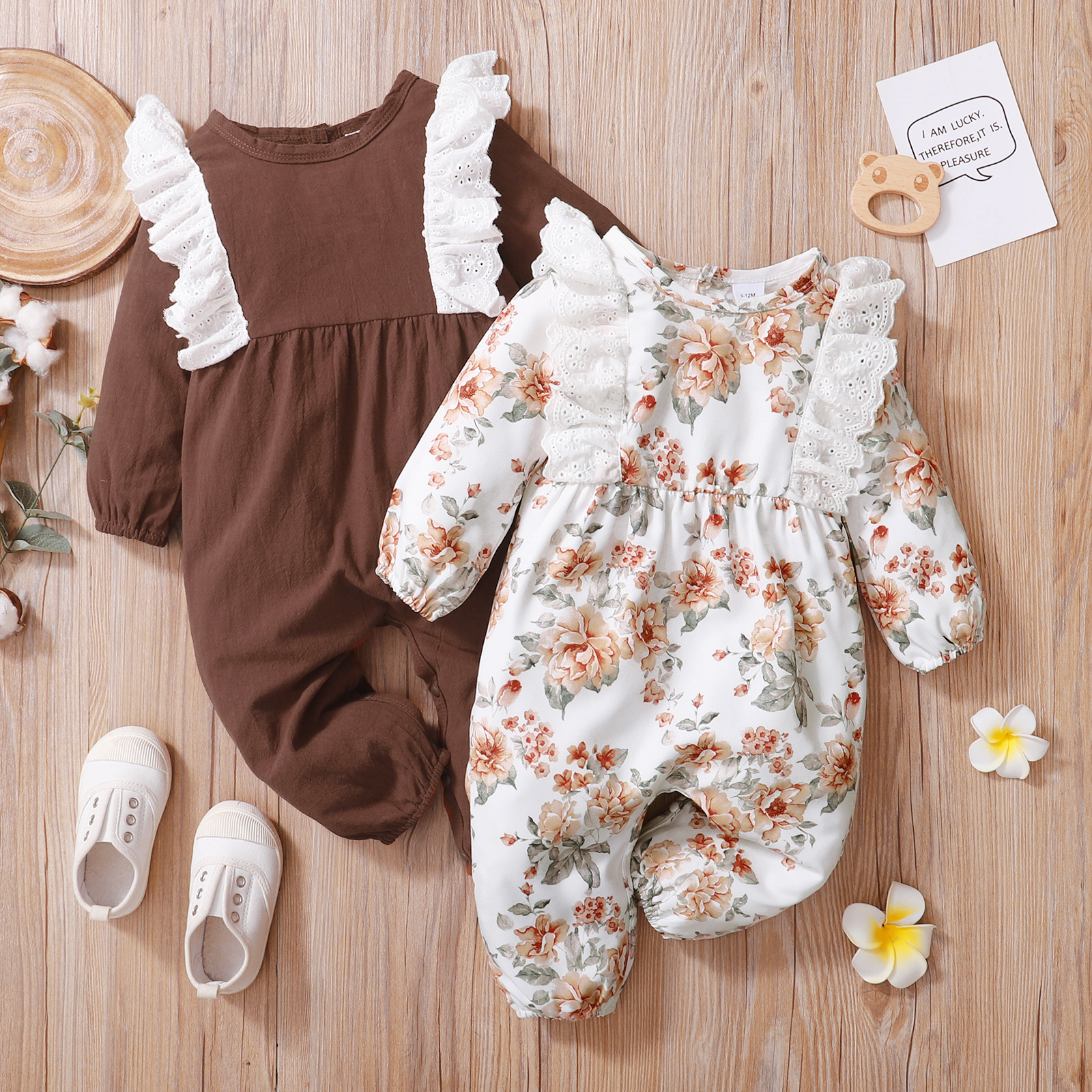 

Baby Girl Solid/Floral Print Long-sleeve Ruffle Jumpsuit