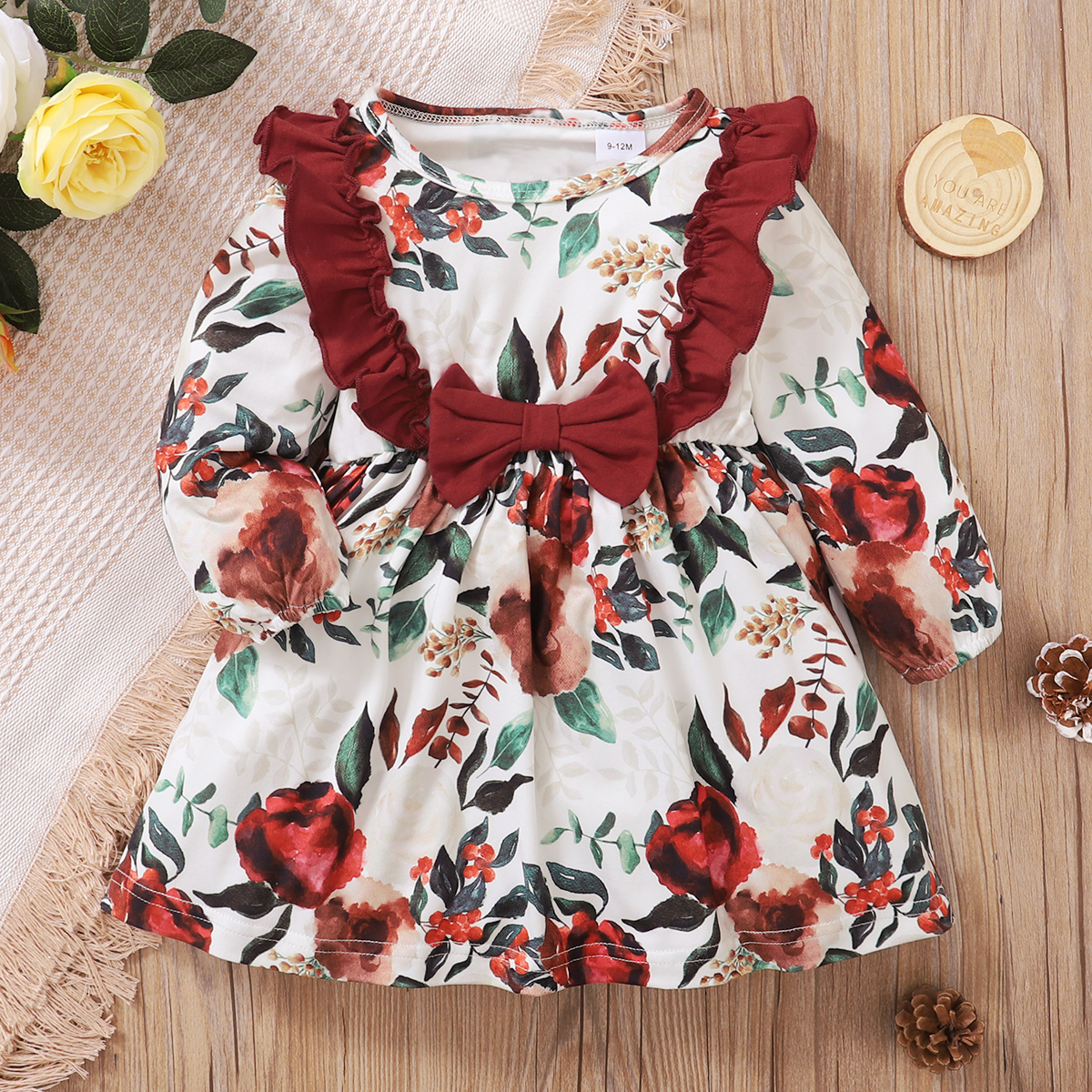 

Baby Girl Red Floral Print Long-sleeve Ruffle Bowknot Dress