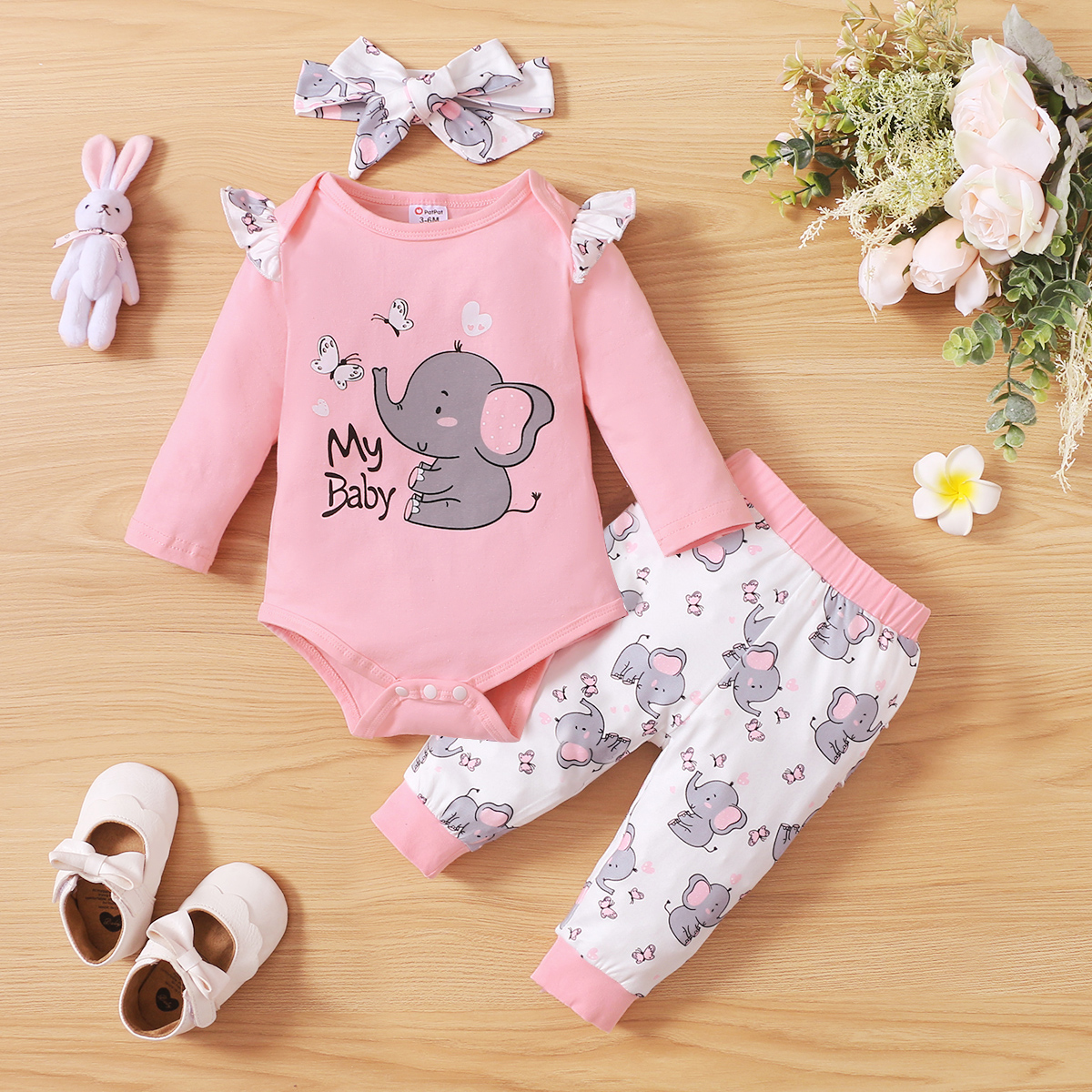 

3pcs Baby Girl Cartoon Elephant and Butterfly Print Pink Long-sleeve Romper with Trousers Set