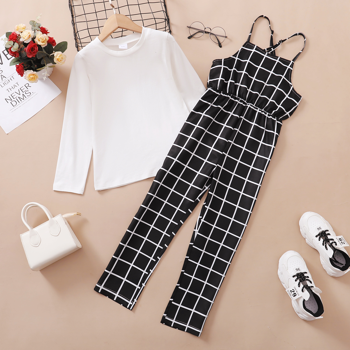 

2-piece Kid Girl Long-sleeve White Tee and Plaid Overalls Set