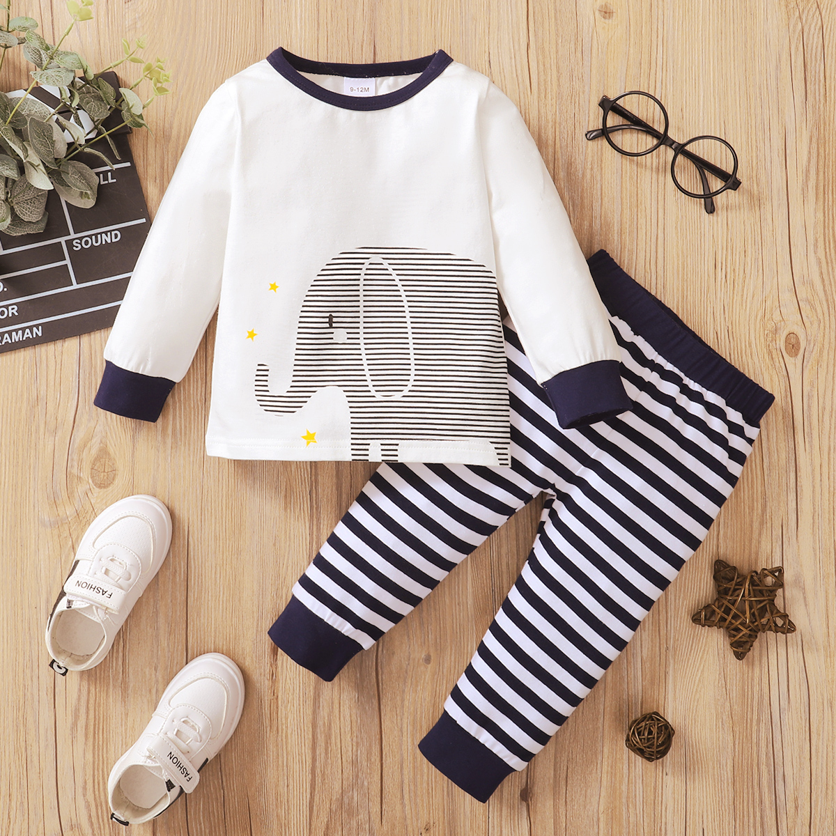 

2pcs Baby Boy/Girl Cartoon Elephant Print Long-sleeve Top and Striped Trousers Set