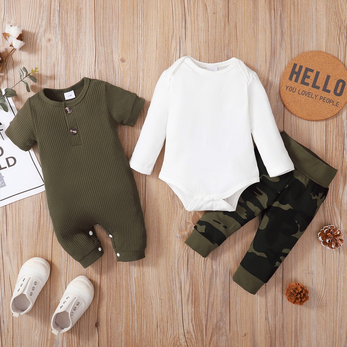 

3-Pack Baby Boy Graphic Camouflage Print Jumpsuit Romper Pants Set