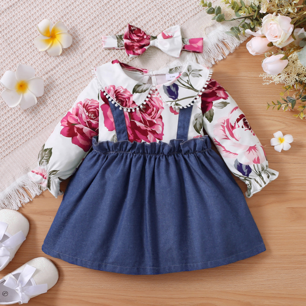 

2pcs Baby Girl Red Floral Print Doll Collar Long-sleeve Splicing Faux-two Dress Set