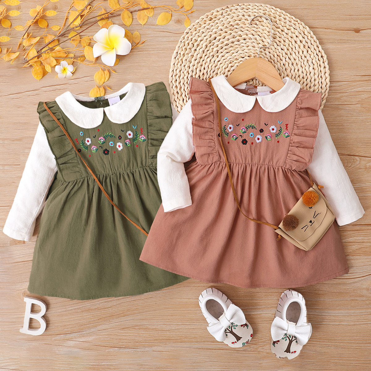 

100% Cotton Baby Girl Doll Collar Long-sleeve Embroidered Ruffle Faux-two Dress