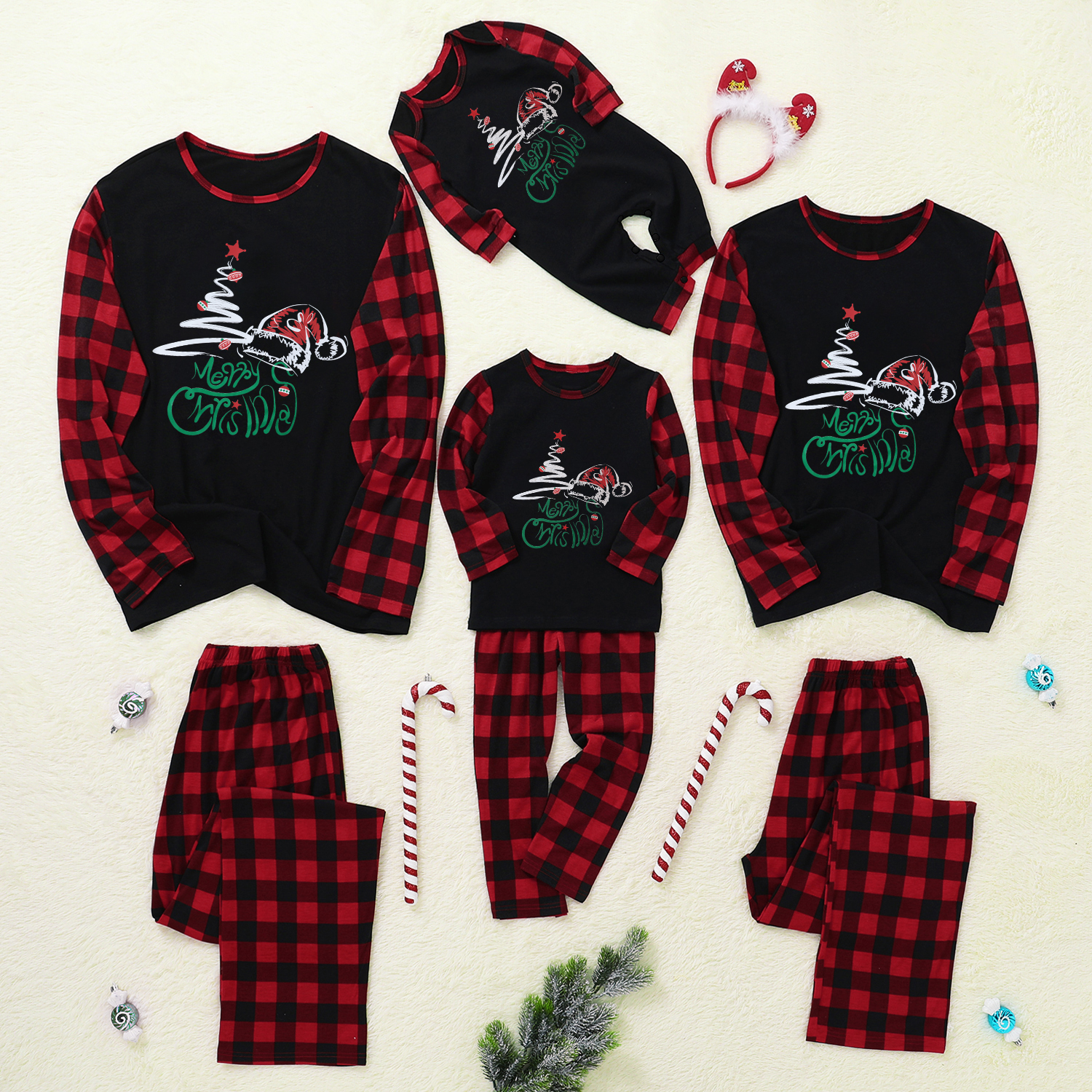 

Christmas Tree Hat and Letter Print Family Matching Red Plaid Raglan Long-sleeve Pajamas Sets (Flame Resistant)