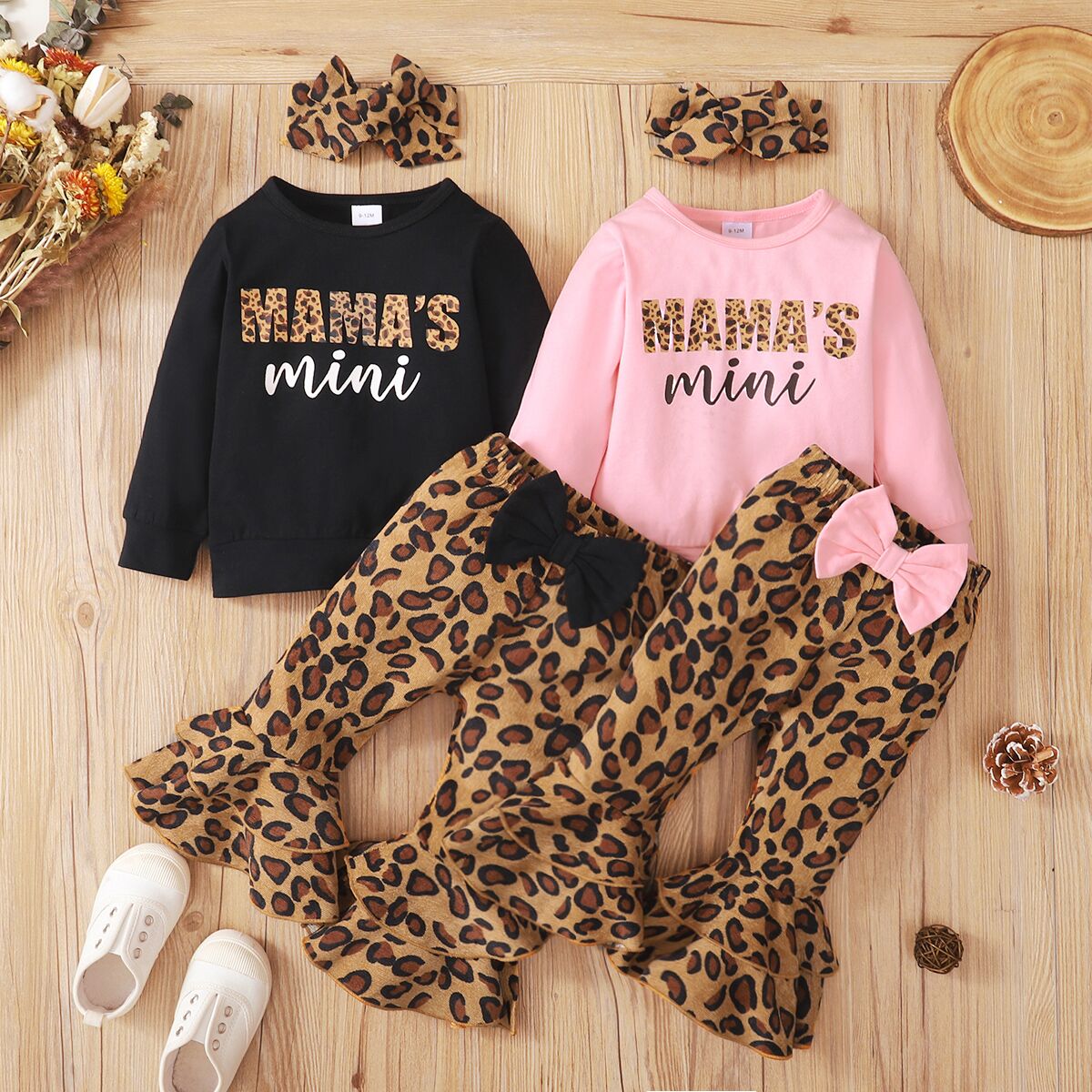 

3pcs Baby Girl Letter Print Long-sleeve Top and Leopard Flared Pants Set