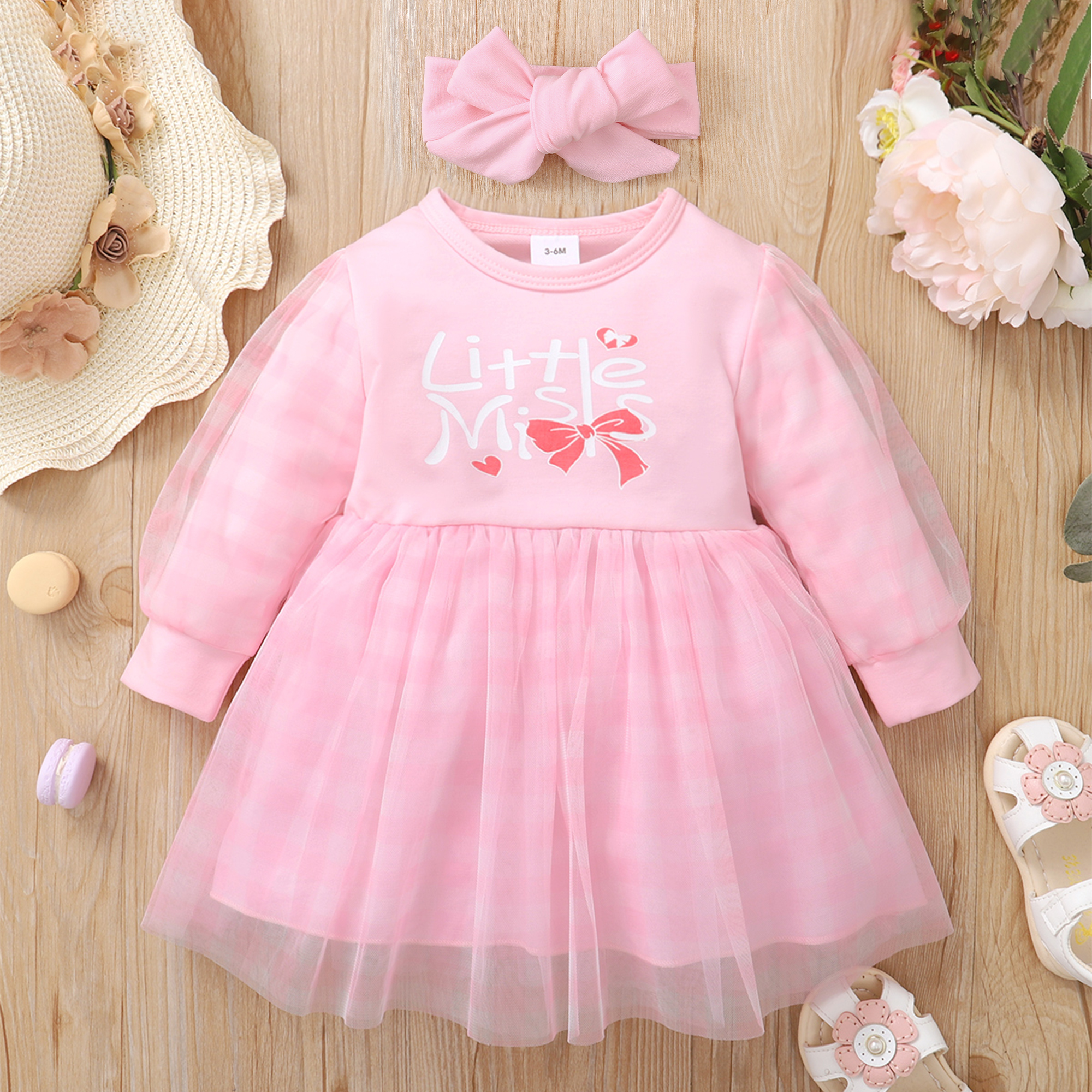 

2pcs Baby Girl Letter Print Splicing Pink Plaid Mesh Long Puff Sleeve Dress Set