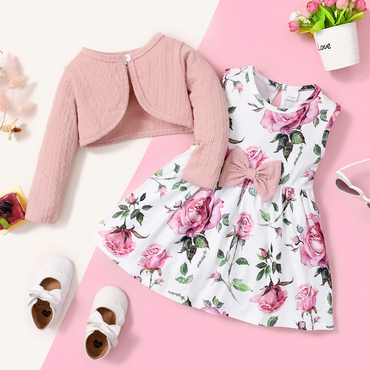 

2pcs Baby Girl Pink Textured Long-sleeve Cardigan and Floral Print Sleeveless Dress Set