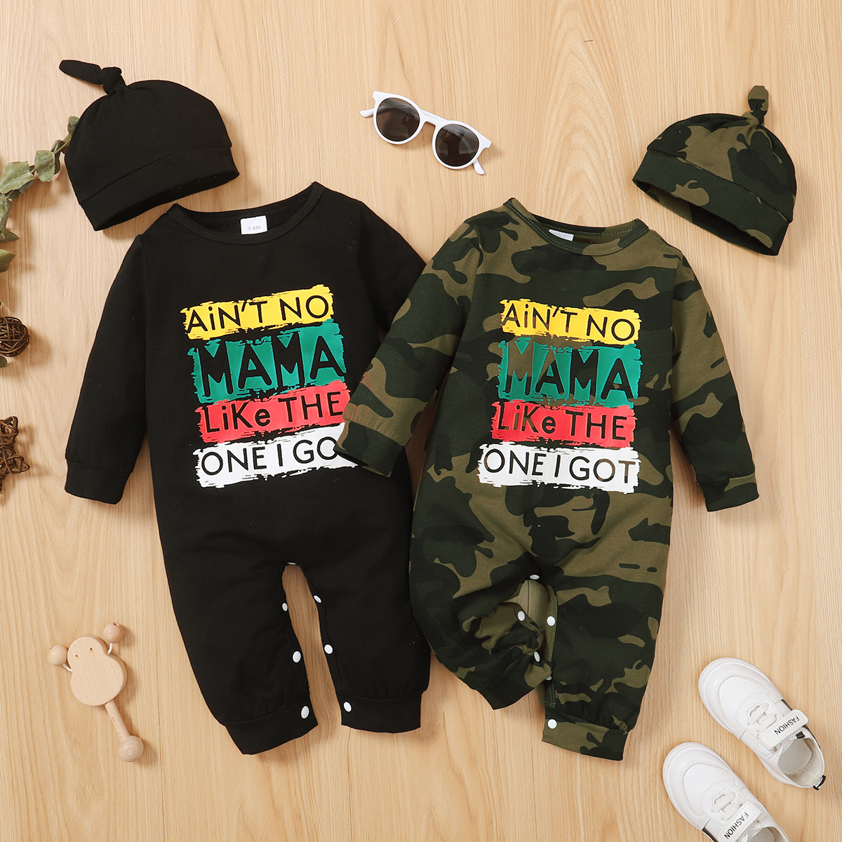 

2pcs Baby Boy Letter Print Black/Camouflage Long-sleeve Jumpsuit with Hat Set