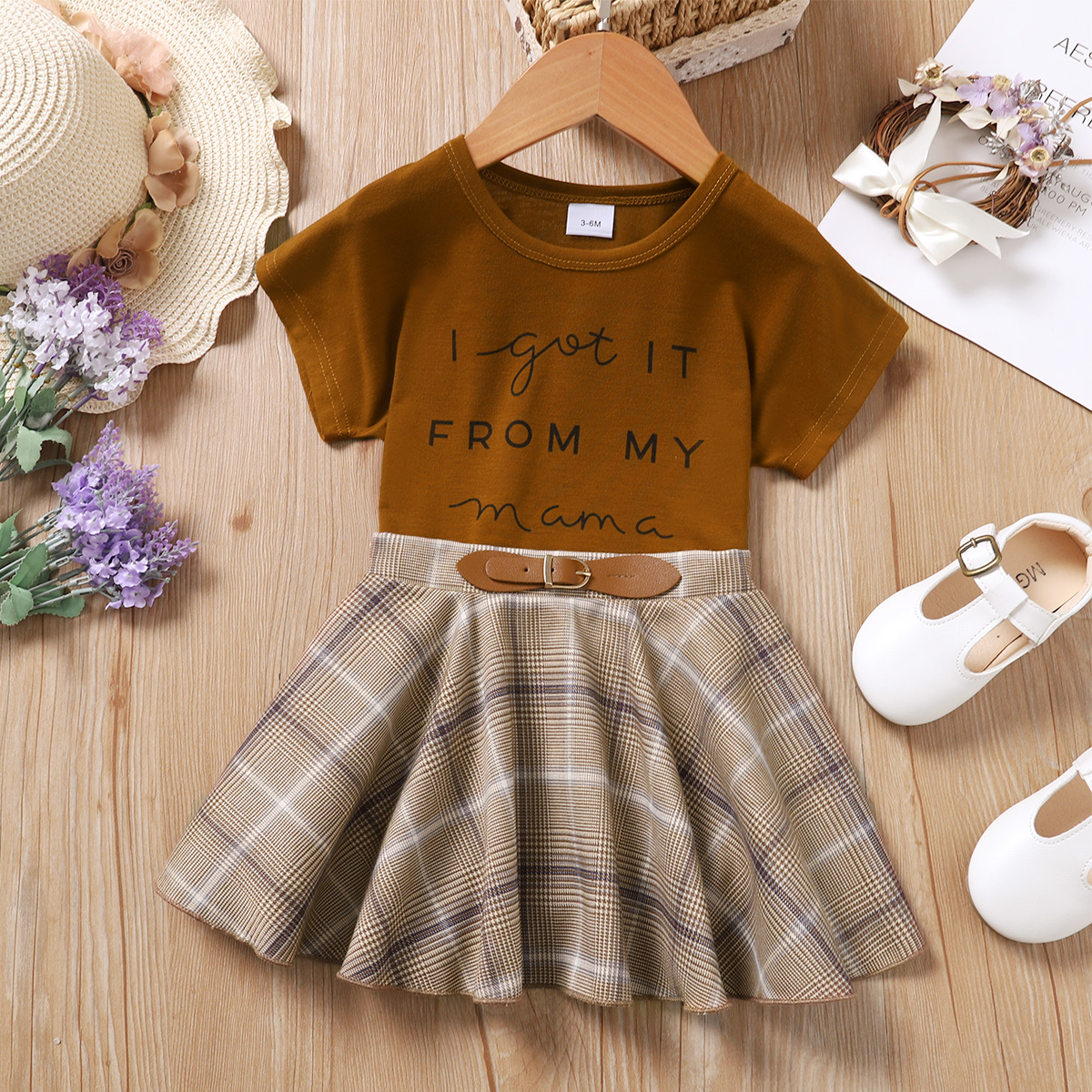 

2pcs Baby Girl Letter Print Short-sleeve Tee and Plaid Skirt Set