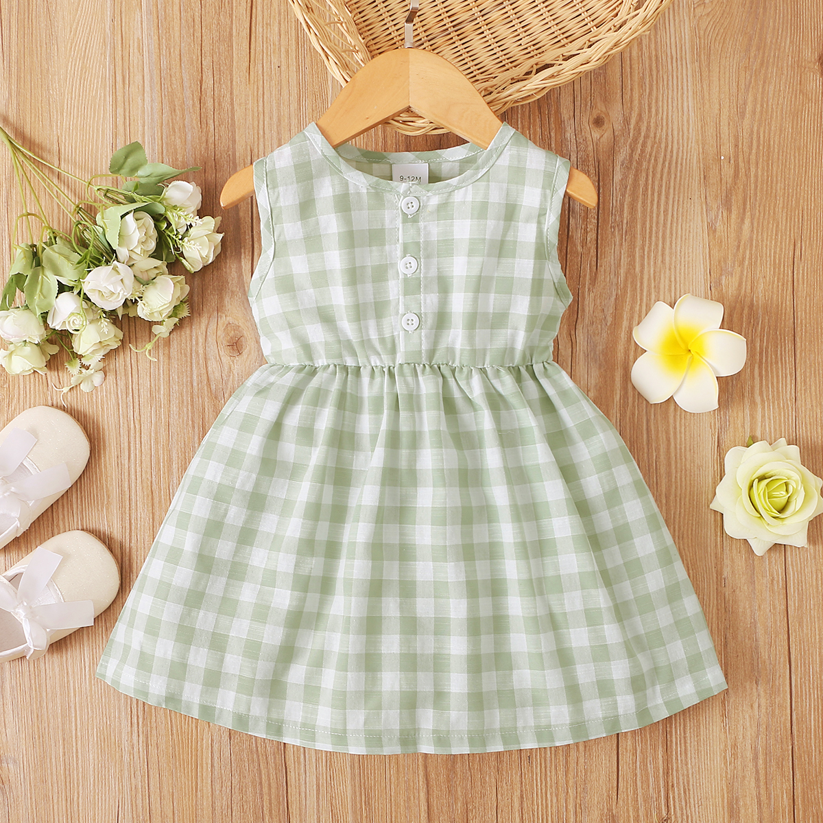 

100% Cotton Baby Girl Green Plaid Button Up Sleeveless Tank Dress