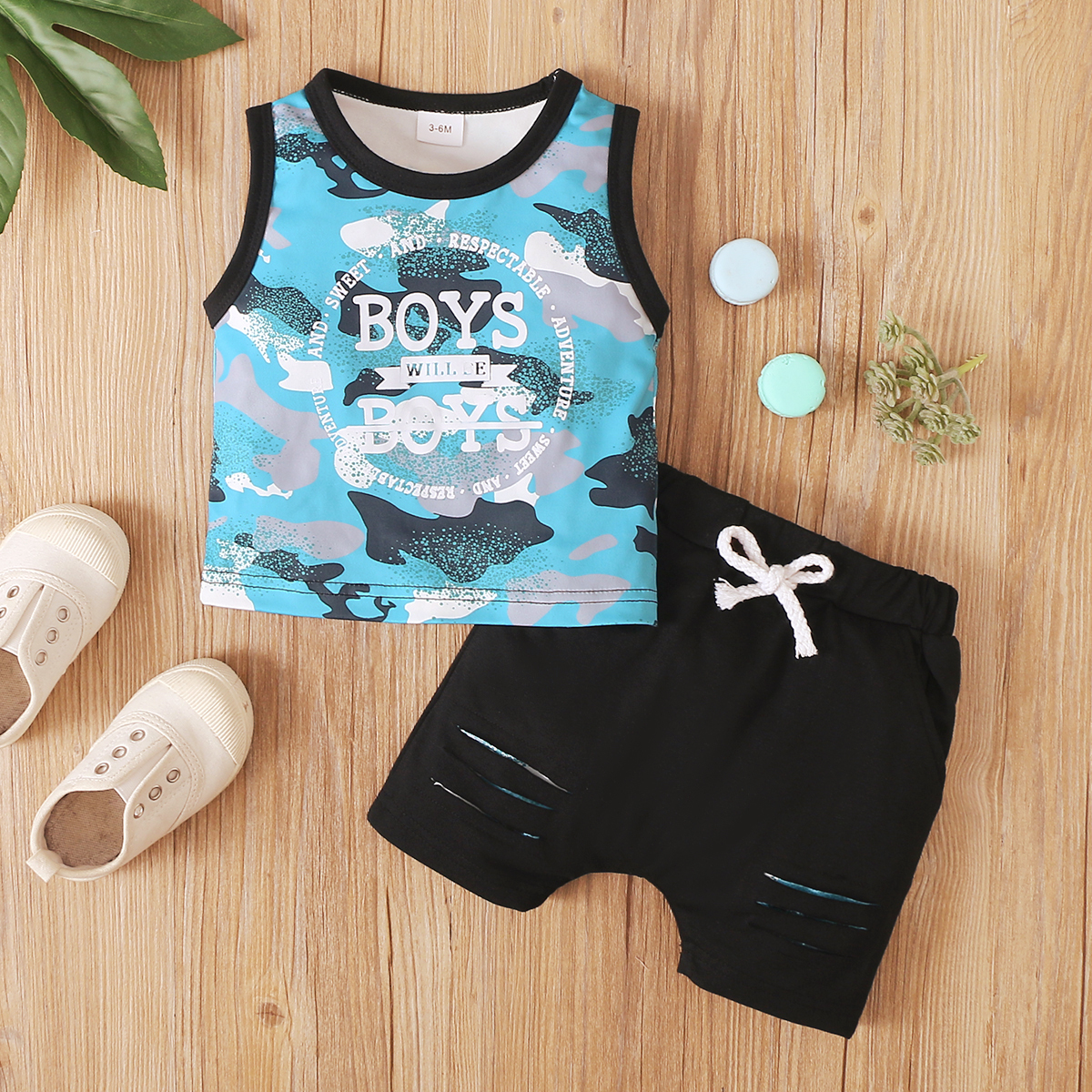 

2pcs Baby Boy Letter Print Camouflage Sleeveless Tank Top and Ripped Shorts Set