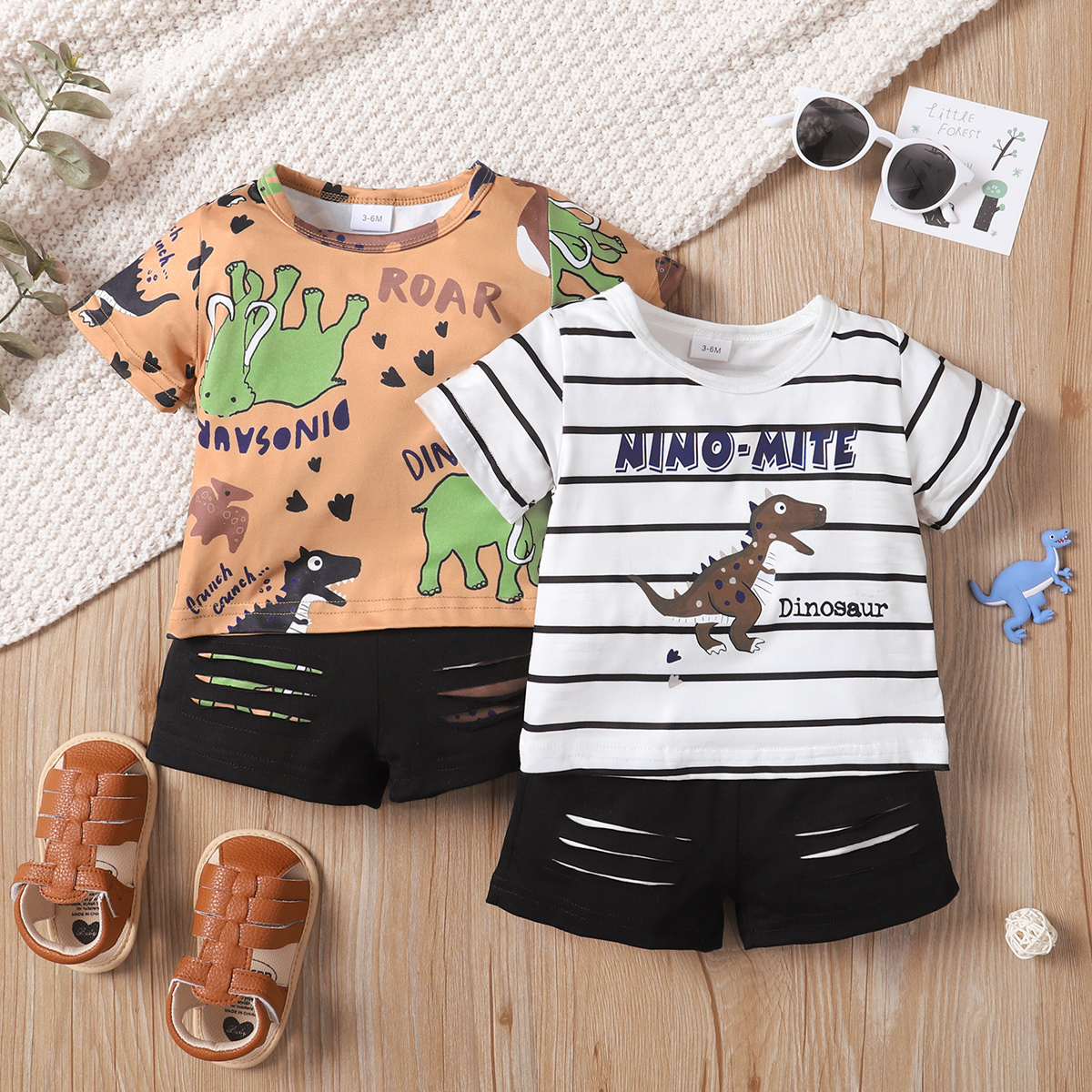 

2pcs Baby Boy Cartoon Dinosaur and Letter Print Short-sleeve T-shirt and Ripped Shorts Set