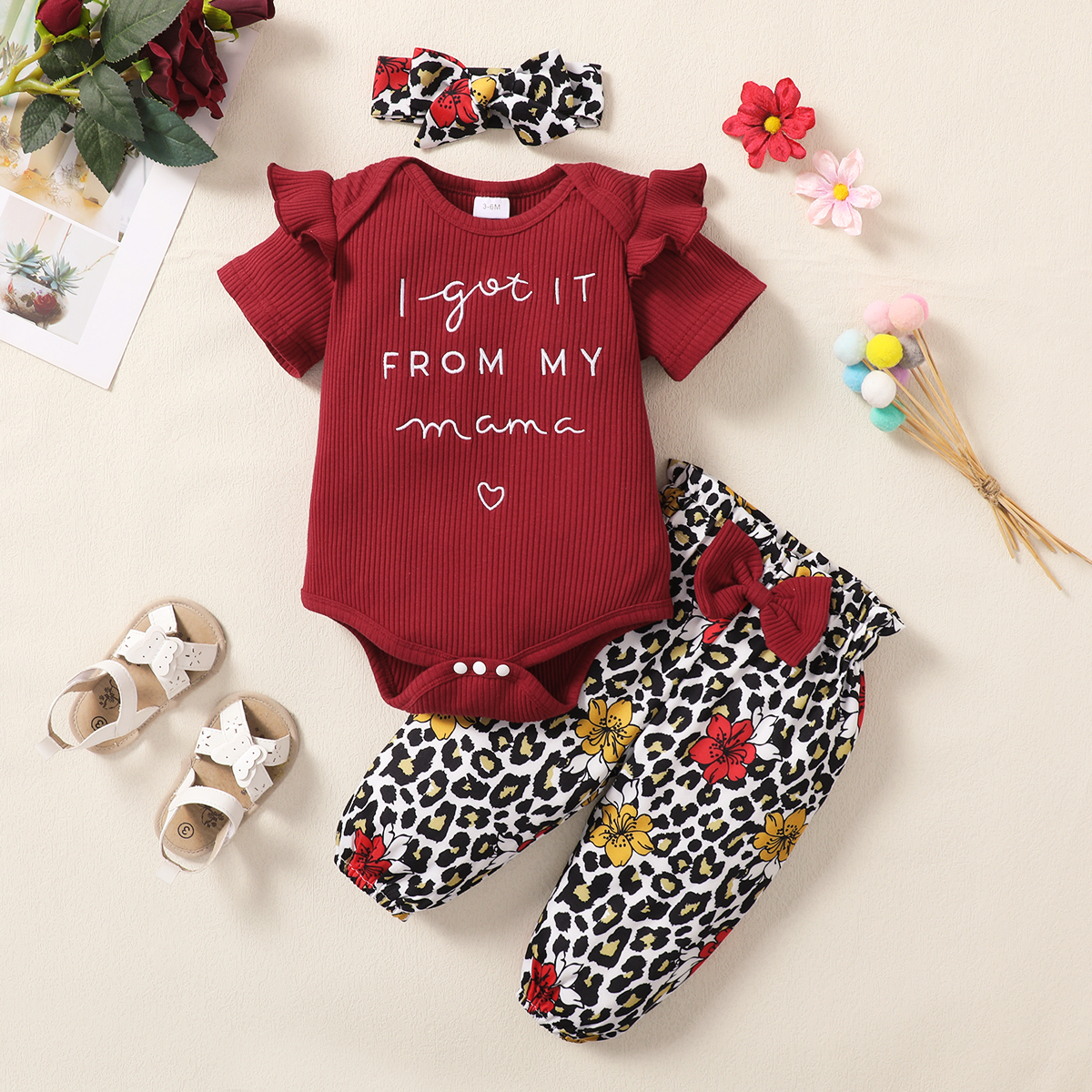 

3pcs Baby Girl 95% Cotton Ribbed Ruffle Short-sleeve Letter Embroidered Romper and Floral Leopard Pants with Headband Set