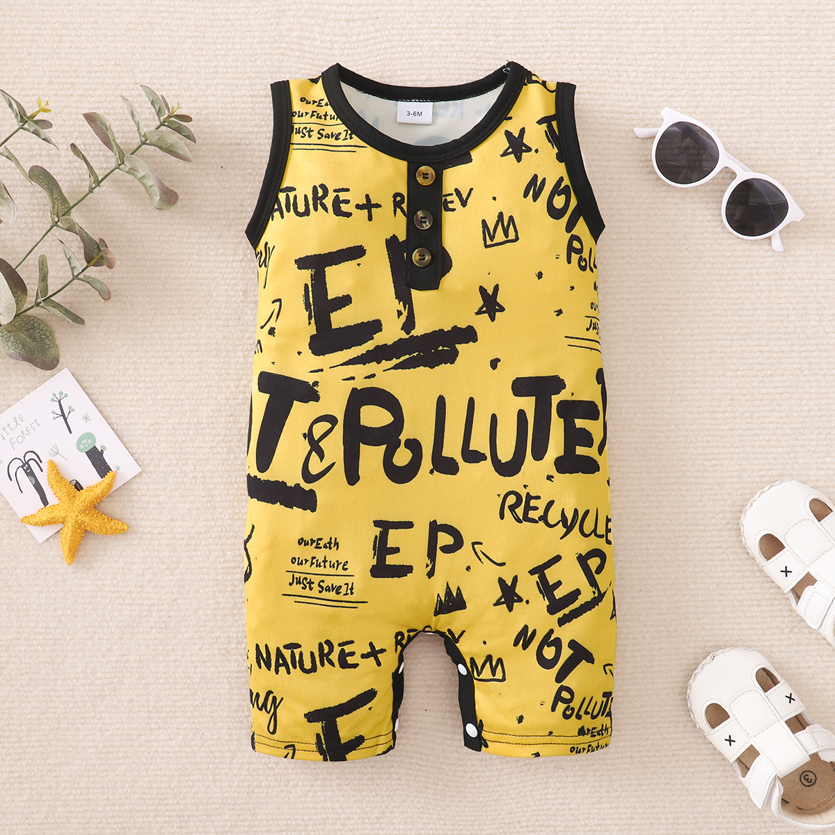 

Baby Boy All Over Graffiti Letter Print Yellow Sleeveless Jumpsuit