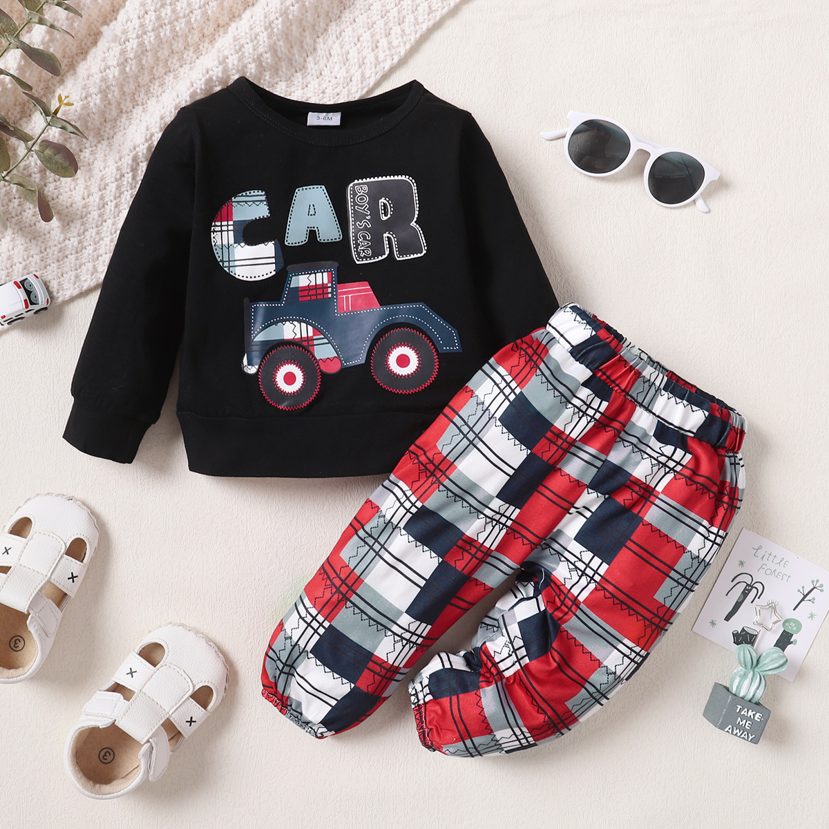 

2pcs Baby Boy/Girl 95% Cotton Long-sleeve Cartoon Car Print Sweatshirt and Plaid Pants Set