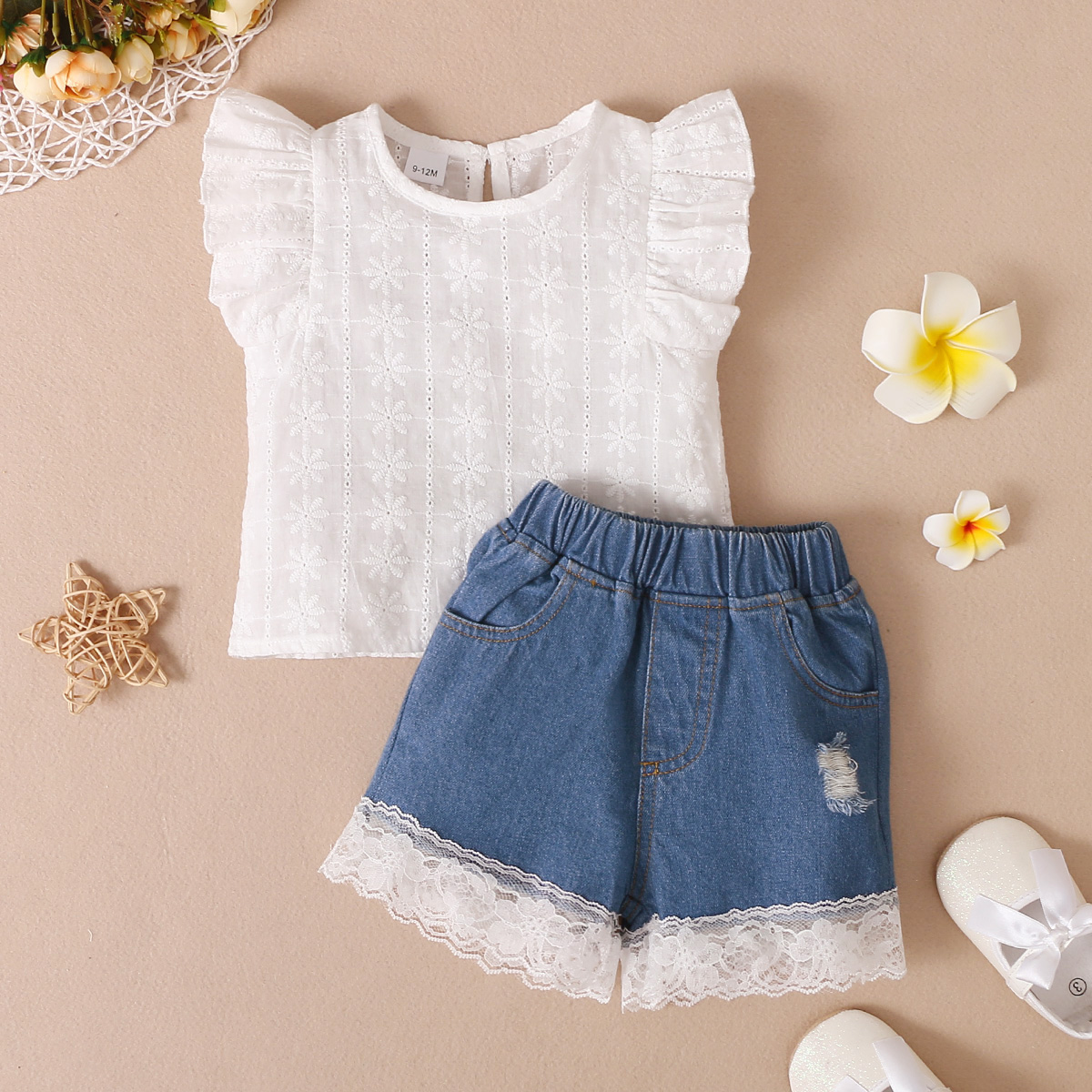 

2pcs Baby Girl 100% Cotton Floral Embroidered Sleeveless Ruffle Top and Lace Ripped Denim Shorts Set