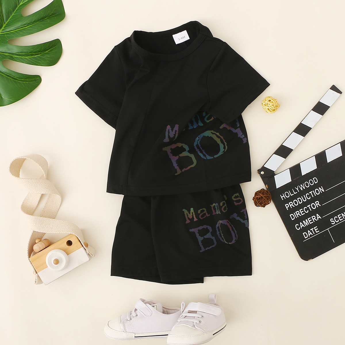 

2pcs Baby Boy Letter Print Black Short-sleeve T-shirt and Shorts Set