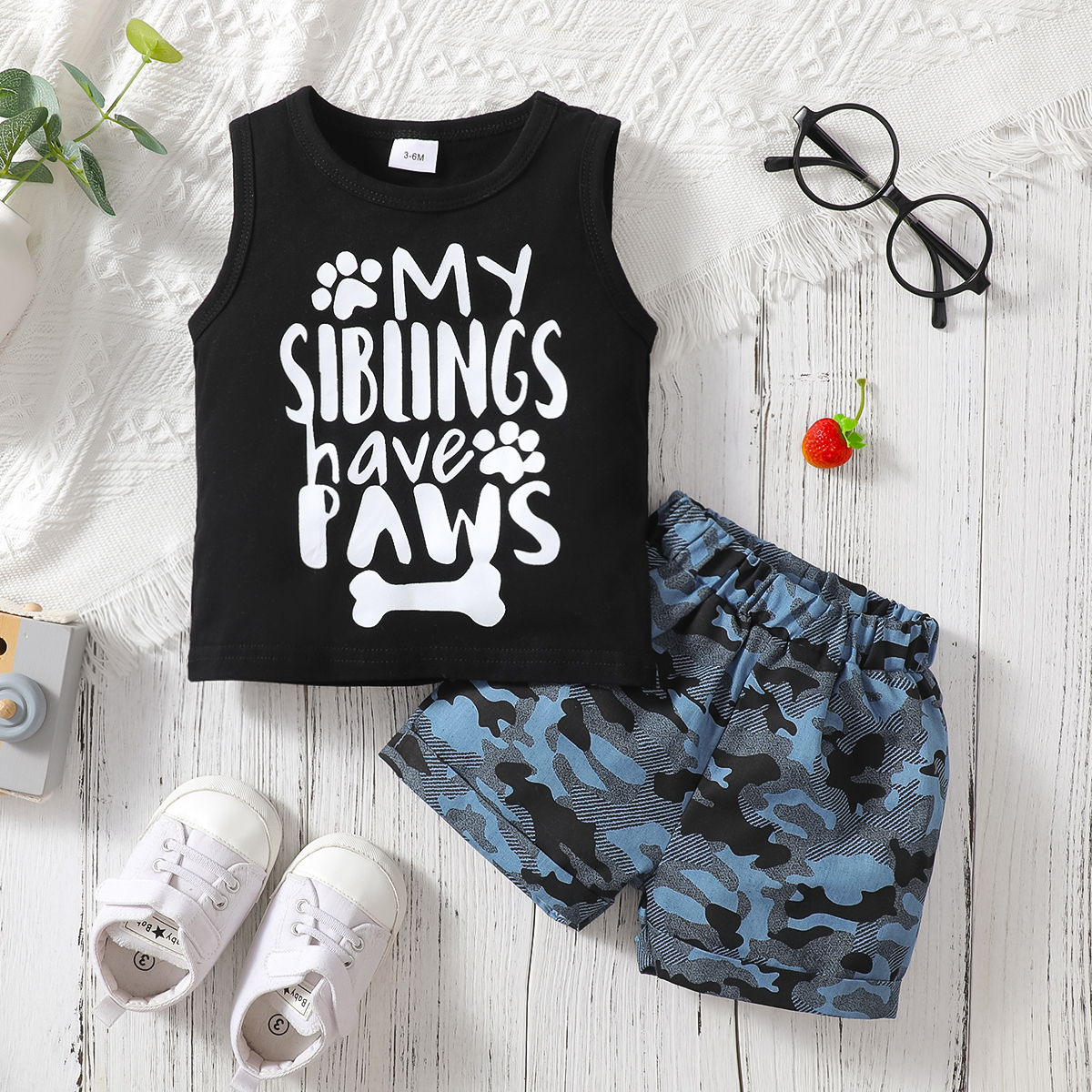 

2pcs Baby Boy 100% Cotton Camouflage Shorts and Letter Print Tank Top Set