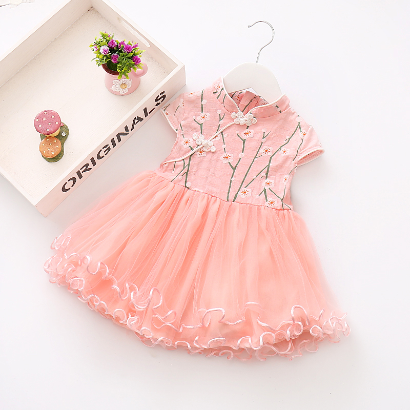

Elegant Flower Print Cap-sleeve Cheongsam Tulle Princess Dress for Baby Girl