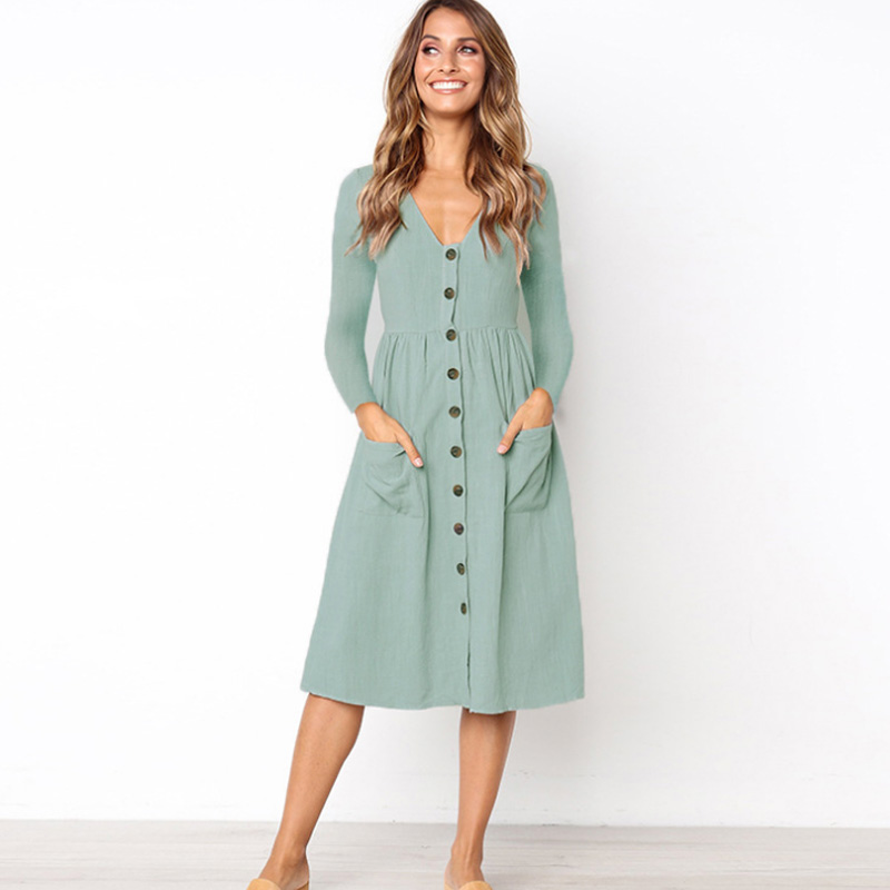 

Stunning V Neck Solid Long-sleeve Dress