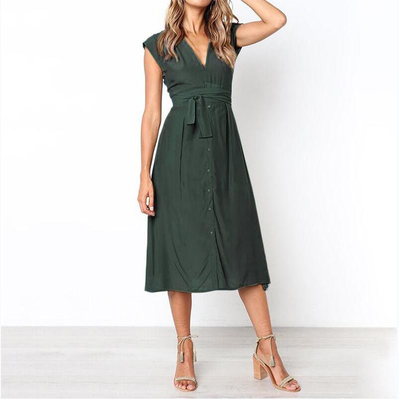 

Fashionable Solid V neck Midi Dress