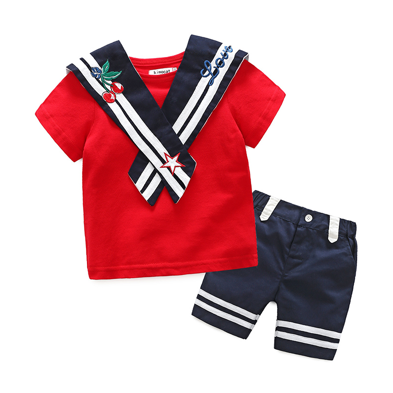 

Trendy Embroidered Navy Sailor Short Sleeves Tee and Shorts Set for Boys