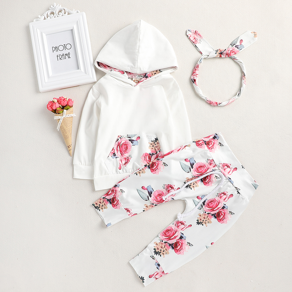 

3-piece Pretty Floral Long Sleeve Hooded T-shirt,Pants and Headband Set for Baby Girl