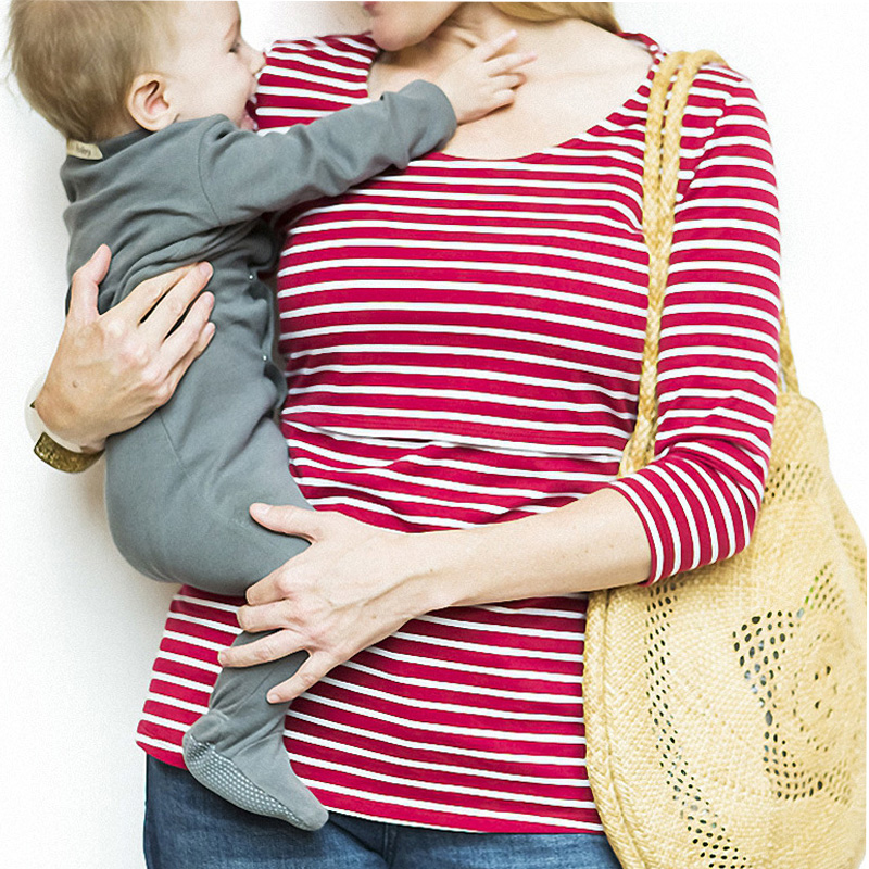 

Casual Striped Long-sleeve Maternity Nursing Top